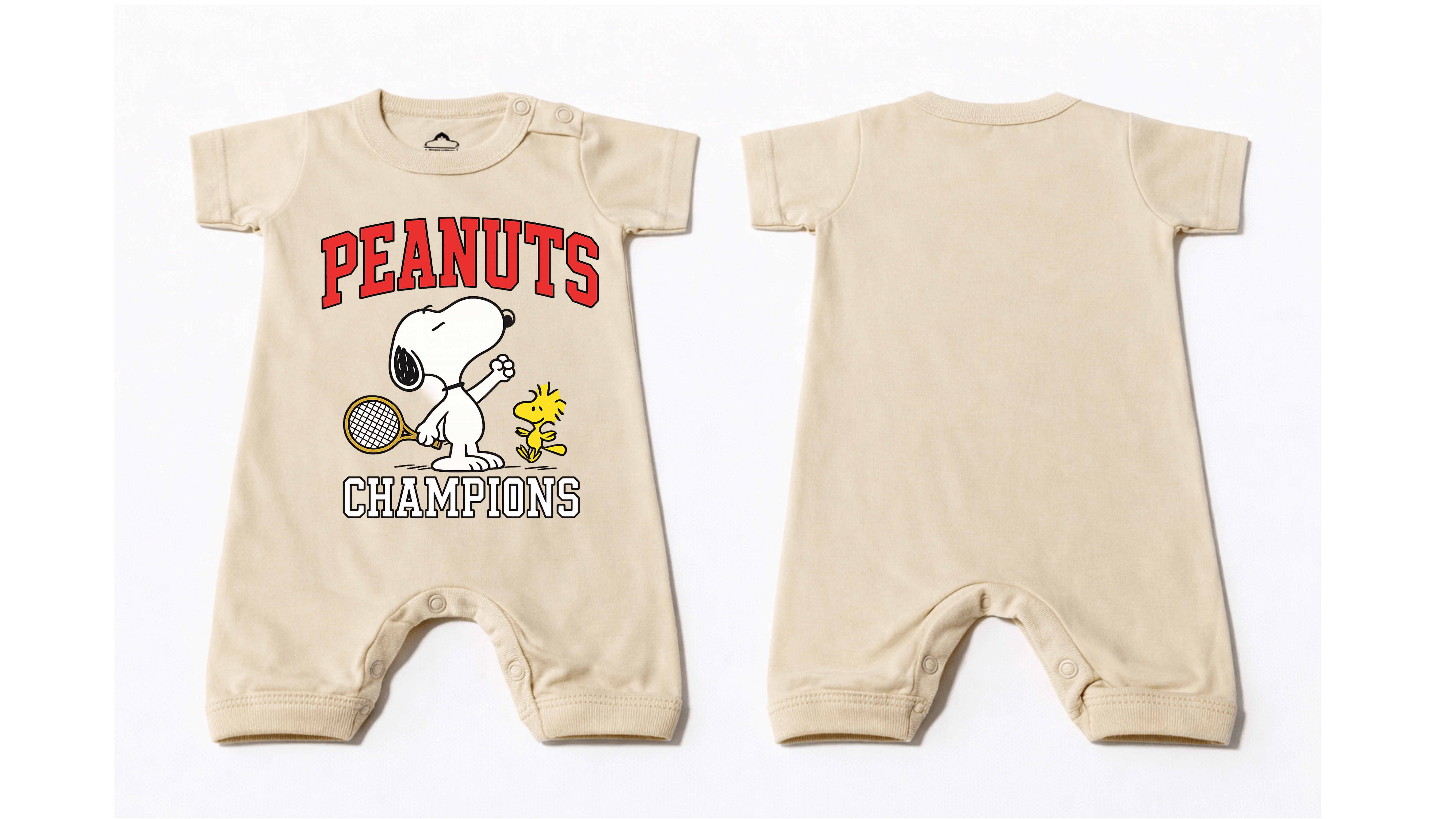 Full Length BodySuit Romper: Premium Cotton Jersey Beige "Peanuts Champions" Graphic Casual Essentials
