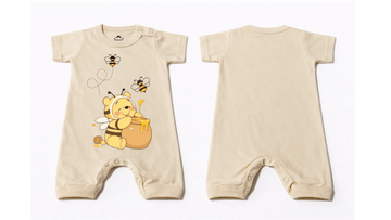 Full Length BodySuit Romper: Premium Cotton Jersey Beige "Honey Bee" Graphic Casual Essentials