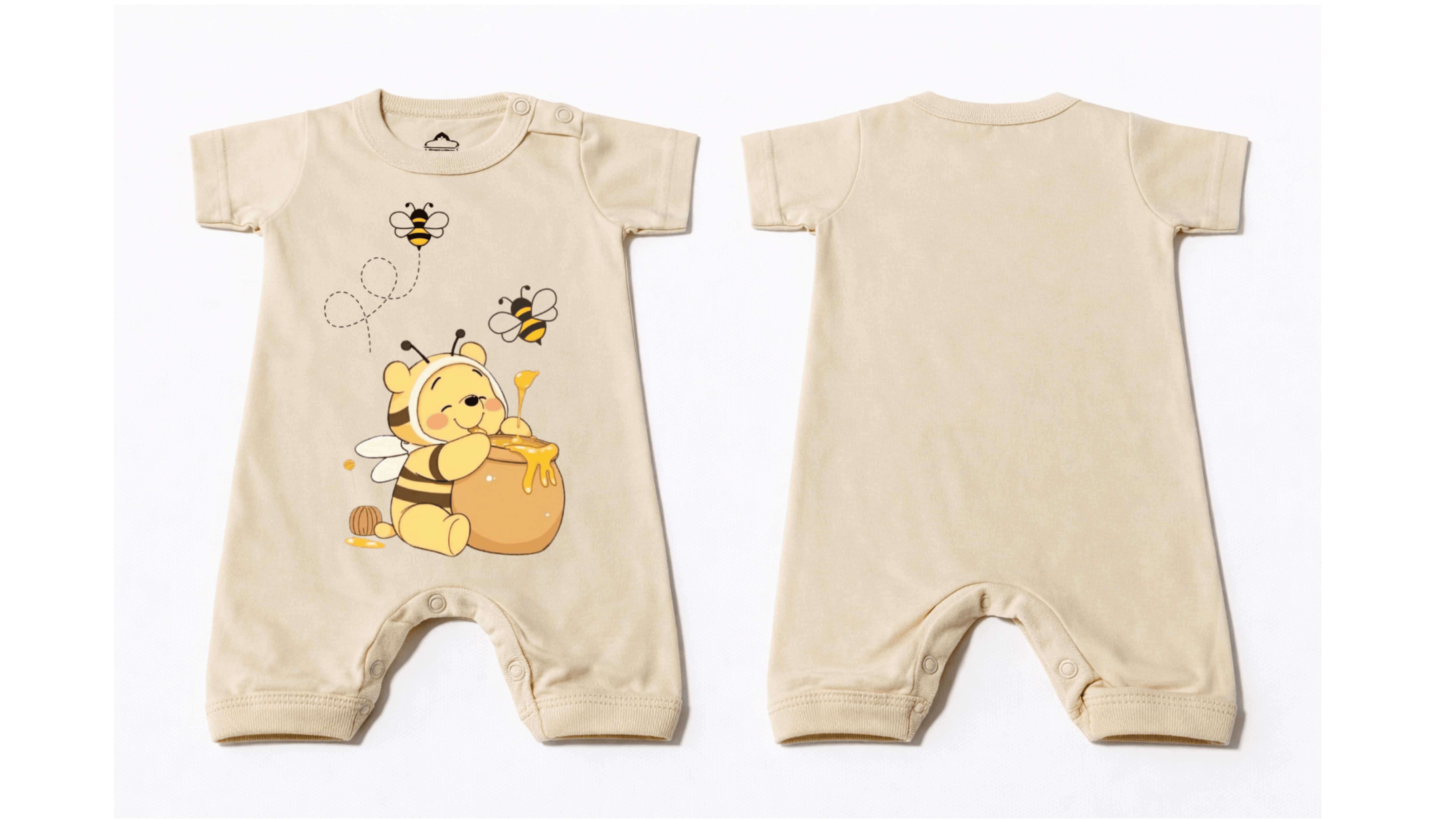 Full Length BodySuit Romper: Premium Cotton Jersey Beige "Honey Bee" Graphic Casual Essentials