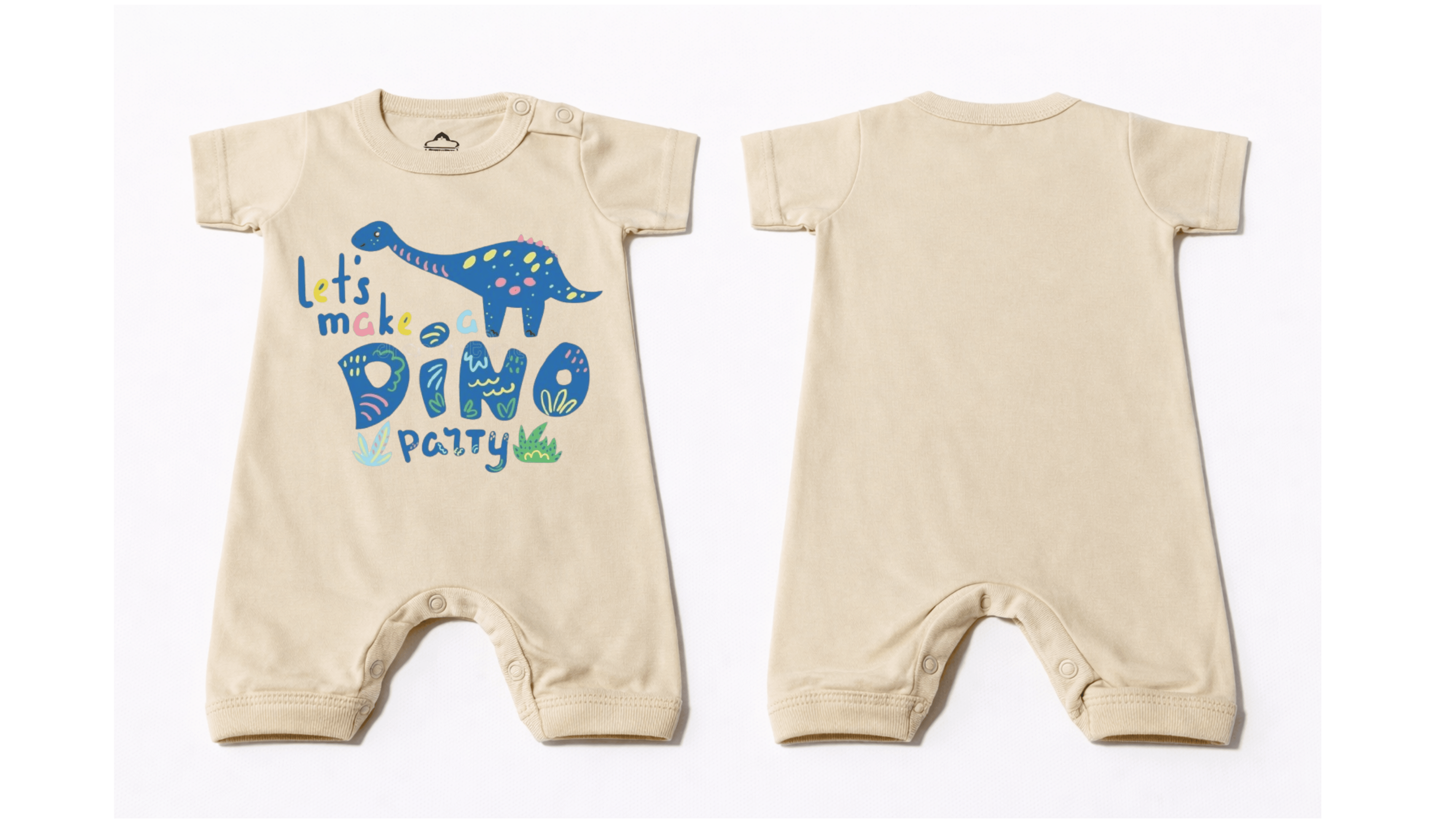 Full Length BodySuit Romper: Premium Cotton Jersey Beige "Dino Party" Graphic Casual Essentials