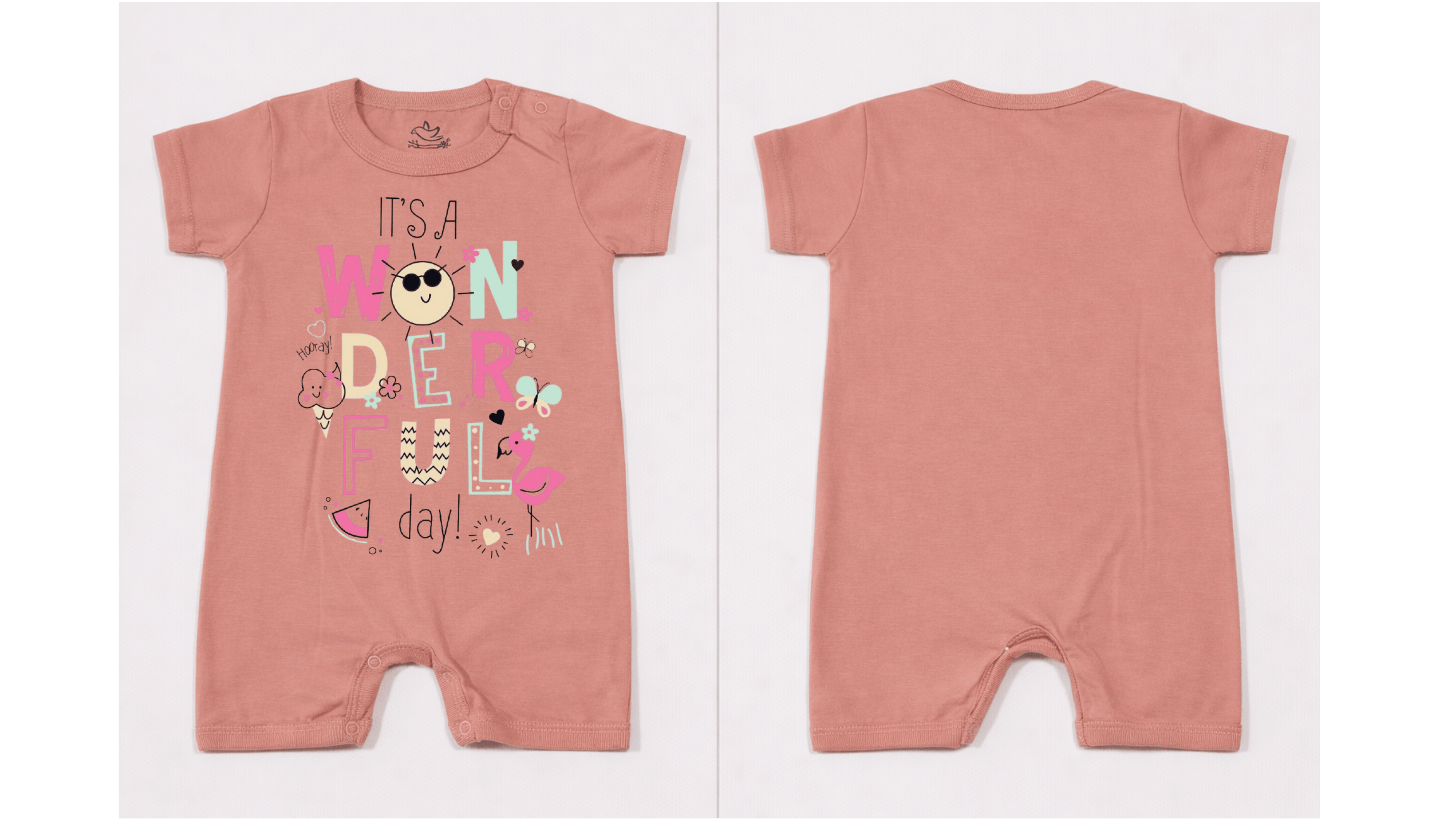 Full Length BodySuit Romper: Premium Cotton Jersey Dusty Rose "Wonderful Day" Graphic Casual Essentials