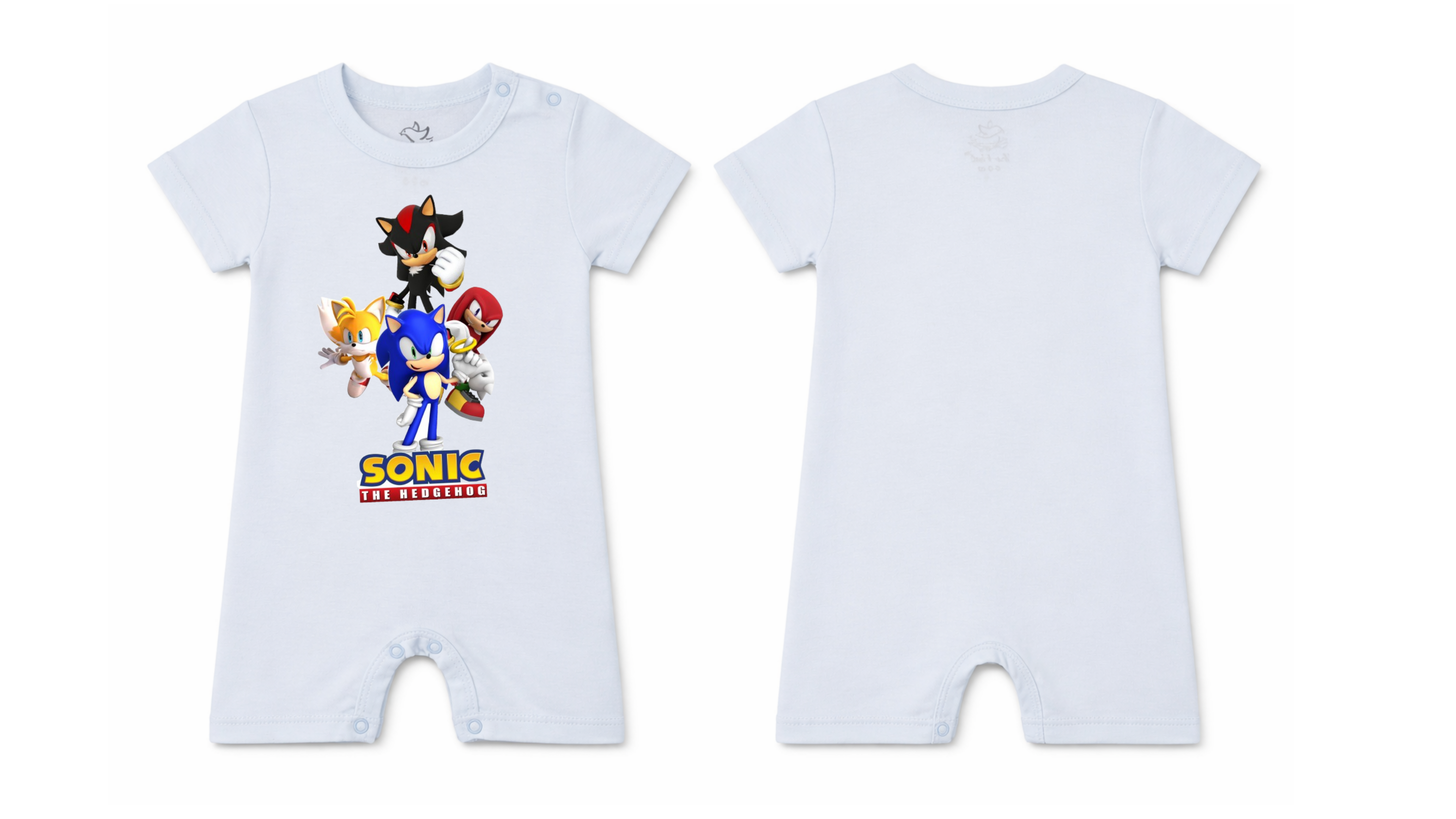 Short-Sleeve Full Length BodySuit (Romper): Premium Cotton Light Blue "Sonic Crew" Graphic Casual Essentials and Active Playwear