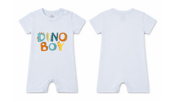 Short-Sleeve Full Length BodySuit (Romper): Premium Cotton Light Blue "Dino Boy" Graphic Casual Essentials and Active Playwear