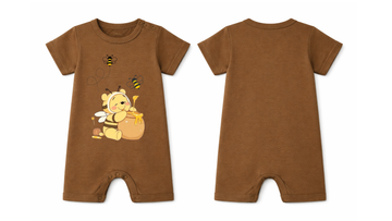 Short-Sleeve Full Length BodySuit (Romper): Premium Cotton Brown "Honey Bee" Graphic Casual Essentials and Active Playwear