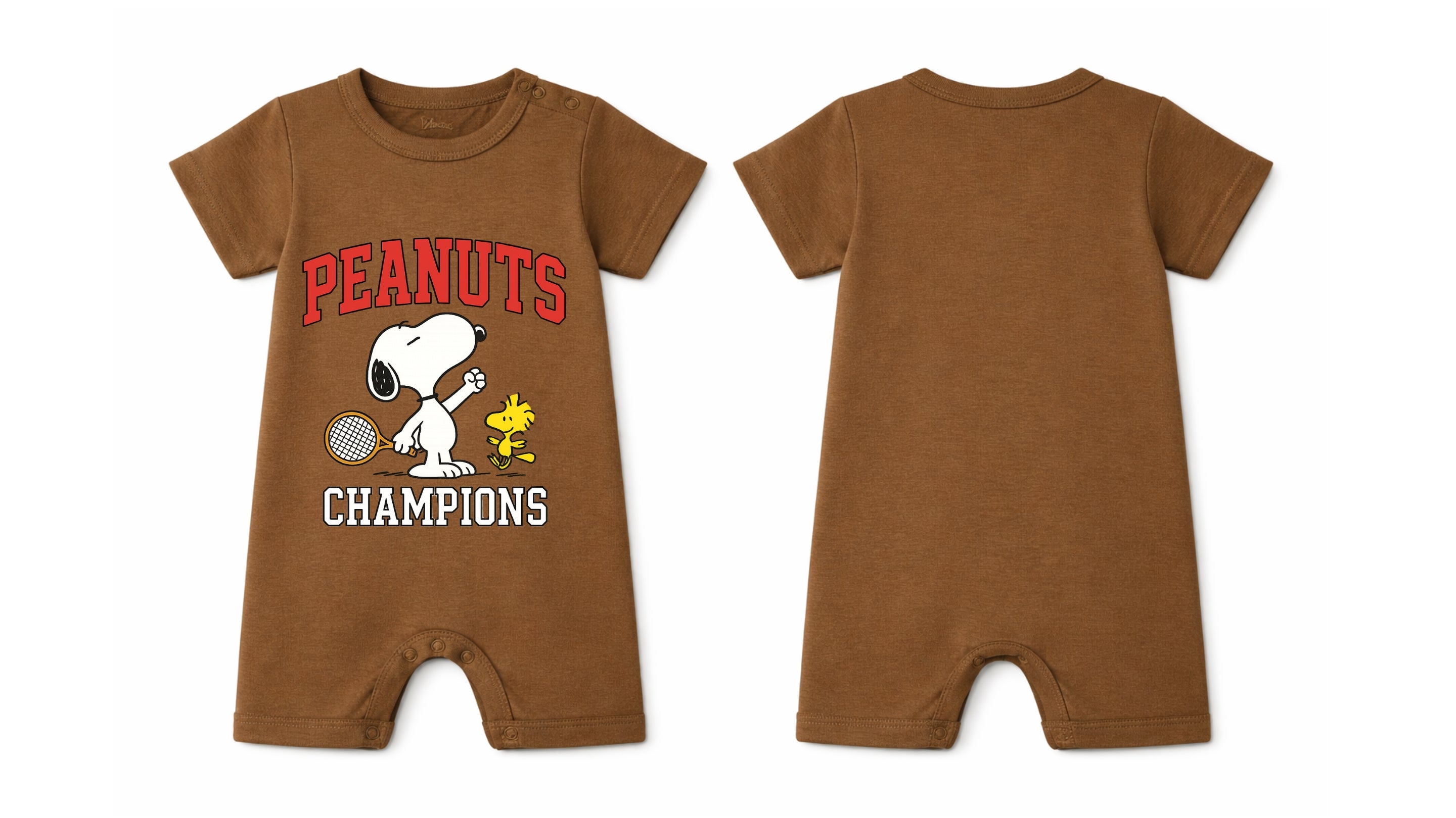 Short-Sleeve Full Length BodySuit (Romper): Premium Cotton Brown "Peanuts" Graphic Casual Essentials and Active Playwear