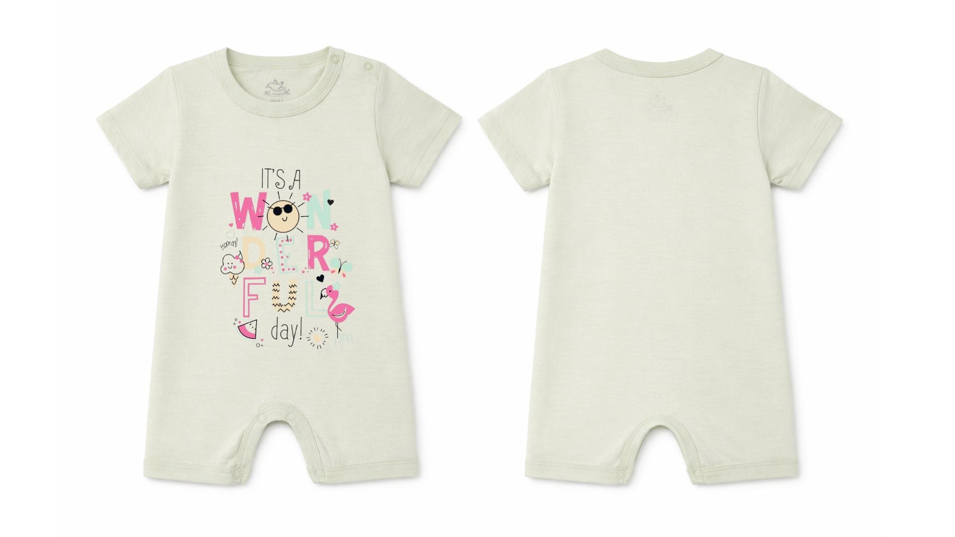Short-Sleeve Full Length BodySuit (Romper): Premium Cotton Off-White "Wonderful" Graphic Casual Essentials and Active Playwear