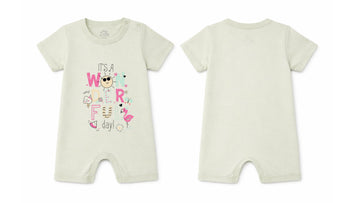 Short-Sleeve Full Length BodySuit (Romper): Premium Cotton Off-White "Wonderful" Graphic Casual Essentials and Active Playwear