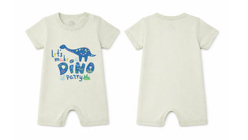 Short-Sleeve Full Length BodySuit (Romper): Premium Cotton Off-White "Dino Party" Graphic Casual Essentials and Active Playwear