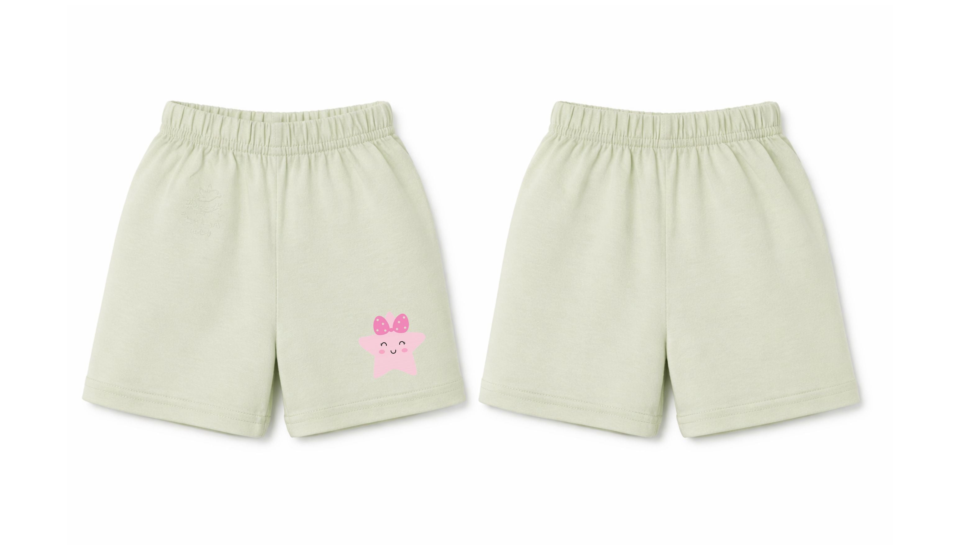 Shorts: Premium Cotton Light Green "Pink Star" Graphic Casual Essentials and Active Playwear