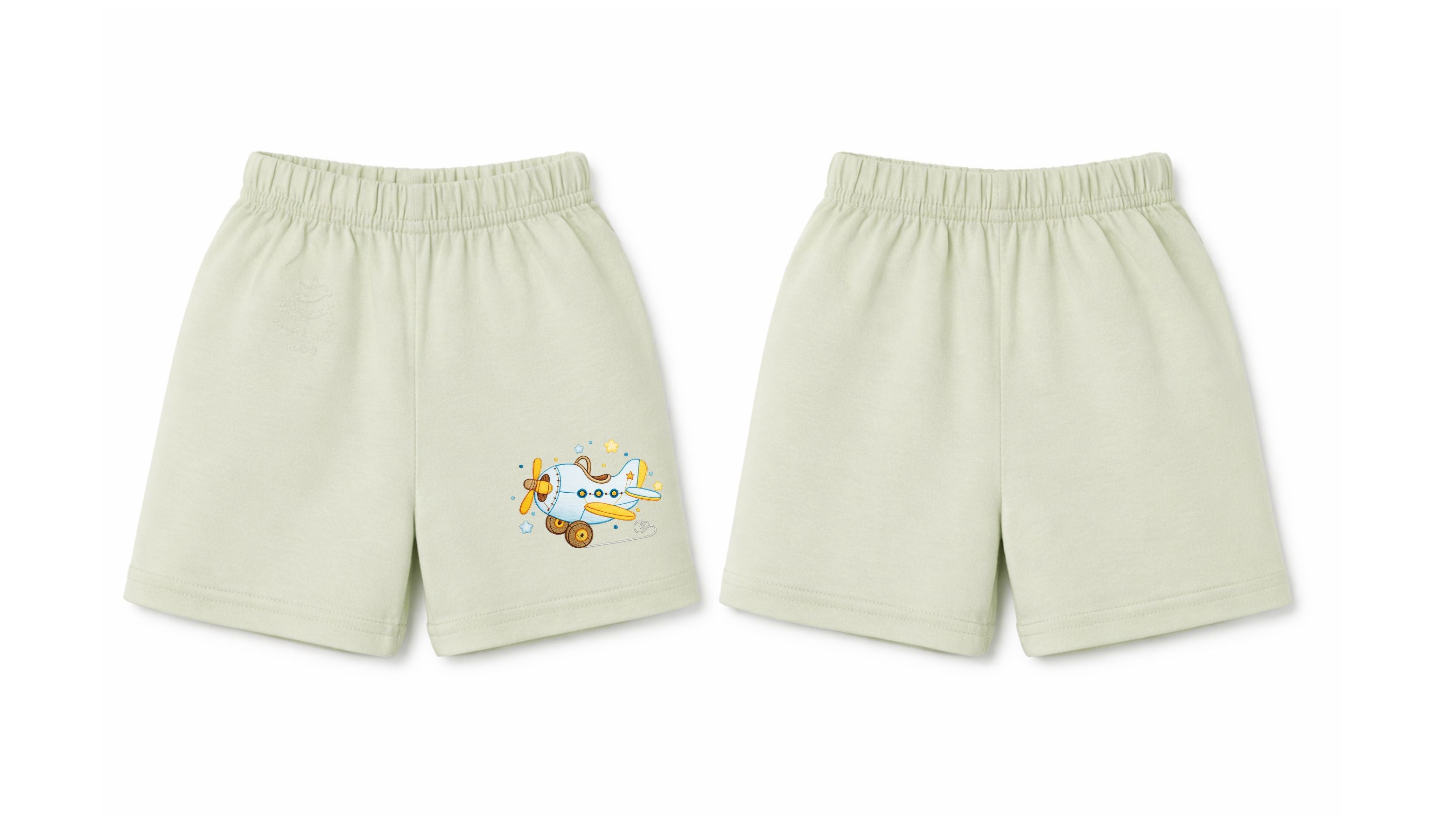 Shorts: Premium Cotton Light Green "Wooden Plane" Graphic Casual Essentials and Active Playwear