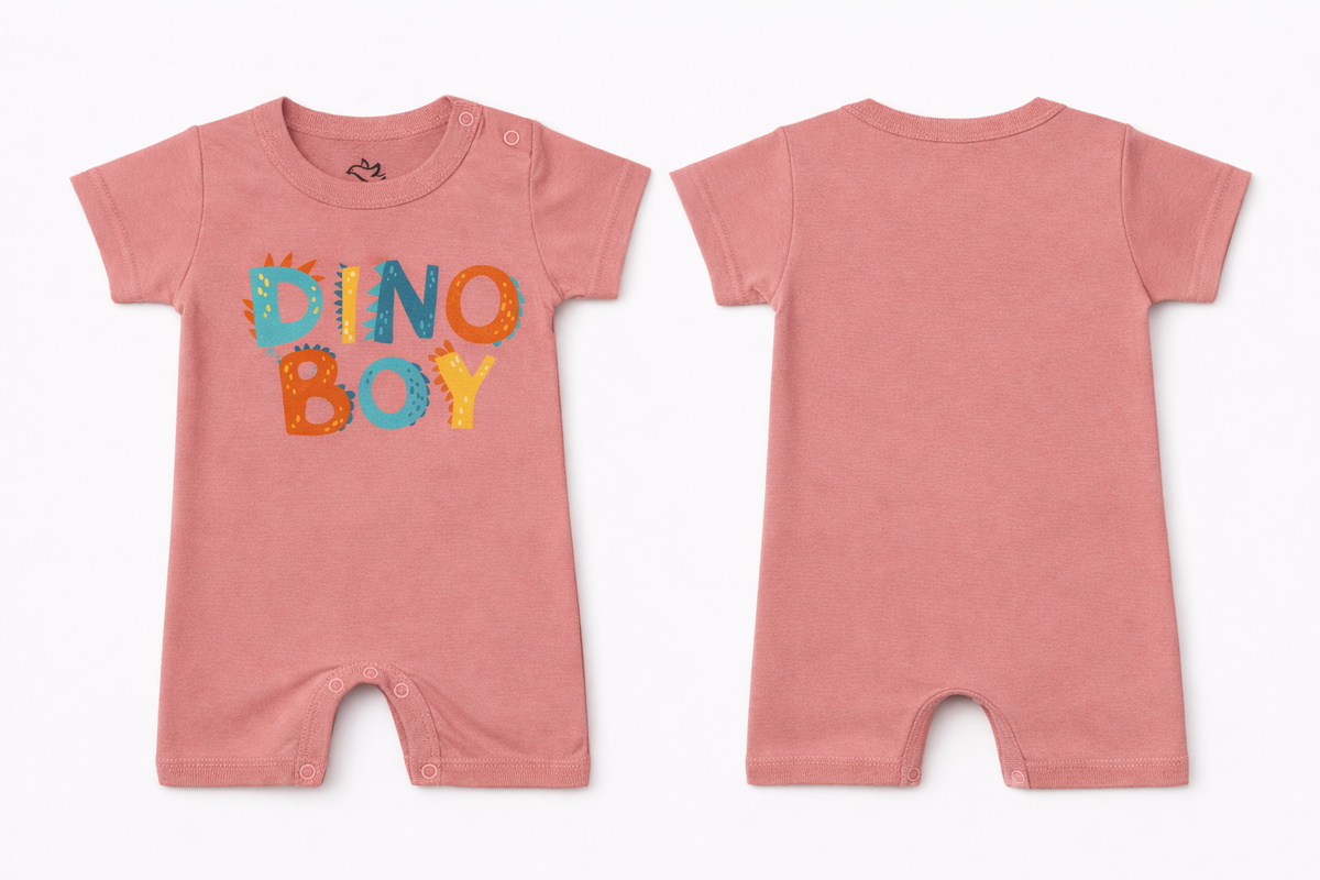 Short Sleeve Romper Rose Tan Dino Boy DTF