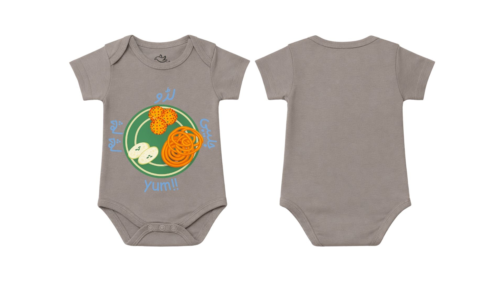 Short-Sleeve BodySuit: Premium Cotton-Blend "Ladoo Ghousla" Graphic Grey [Daily Casual Wear]
