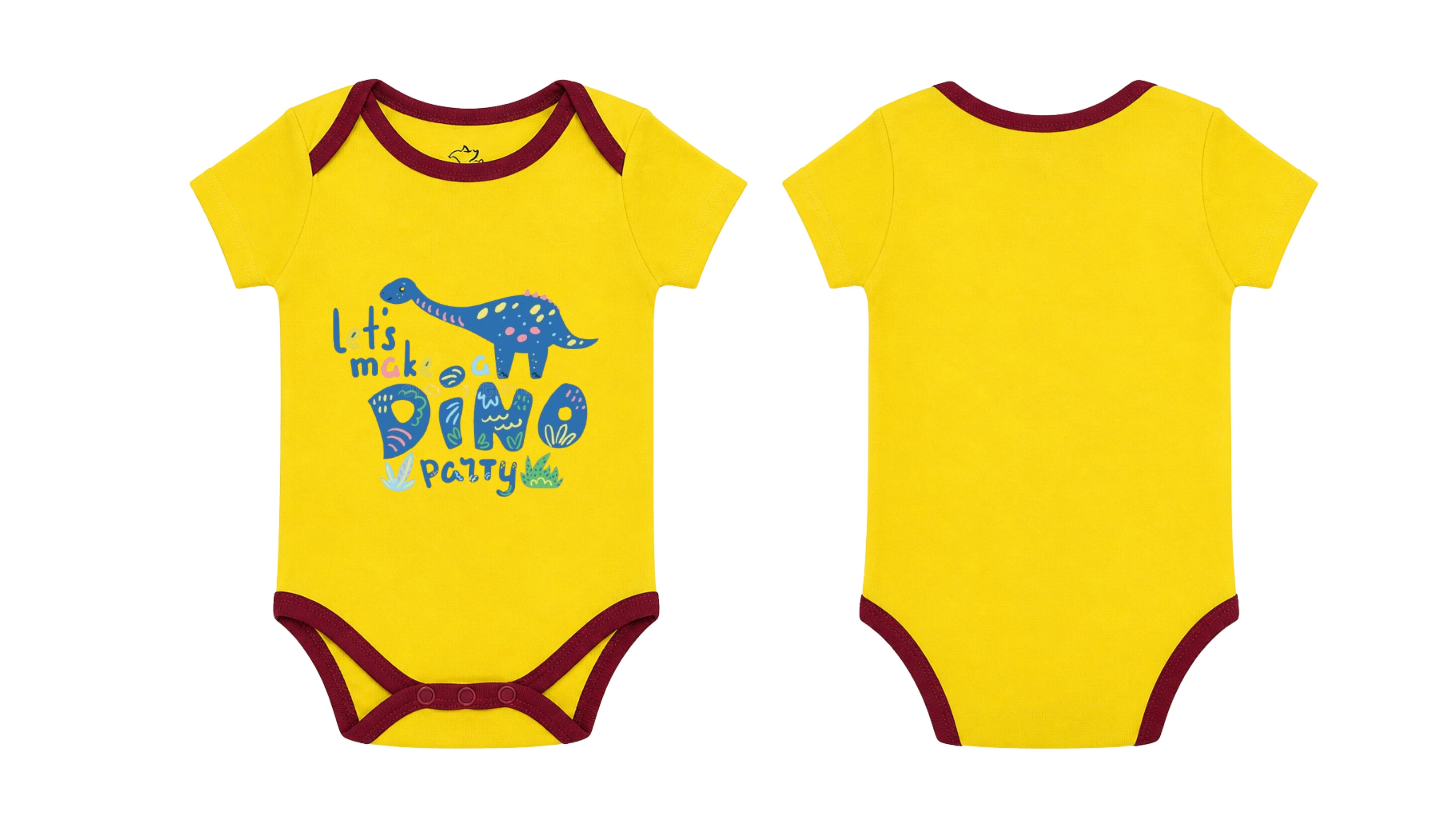 Short-Sleeve Bodysuit: Premium Cotton-Blend "Dino Party" Yellow Daily Casual Wear