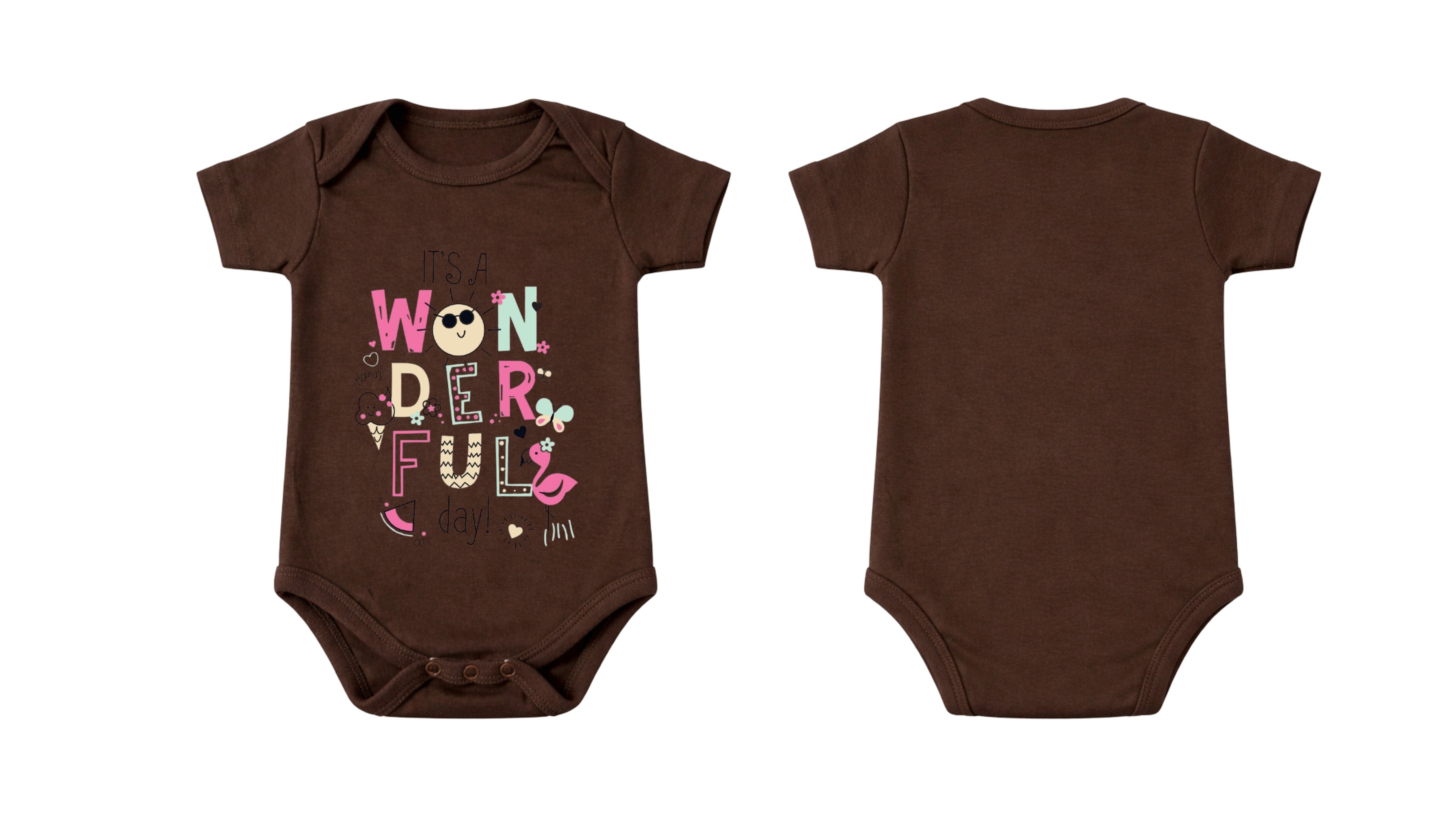 Short-Sleeve Bodysuit: Premium Cotton-Blend "Wonderful Day" Brown Daily Casual Wear