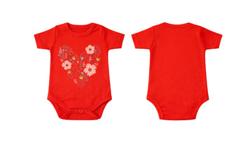 Short-Sleeve Bodysuit: Premium Cotton-Blend "Heart" Red Daily Casual Wear