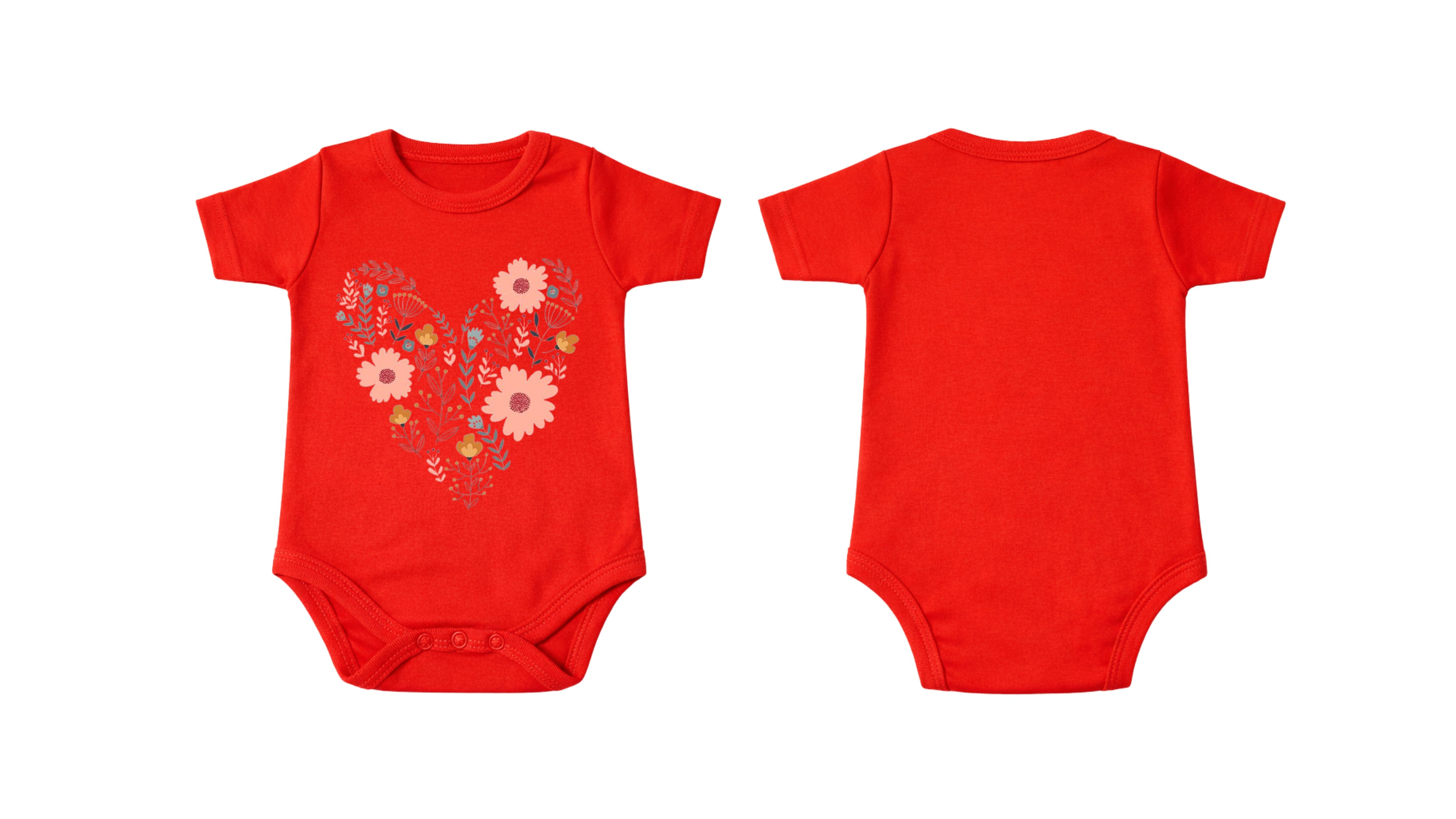 Short-Sleeve Bodysuit: Premium Cotton-Blend "Heart" Red Daily Casual Wear