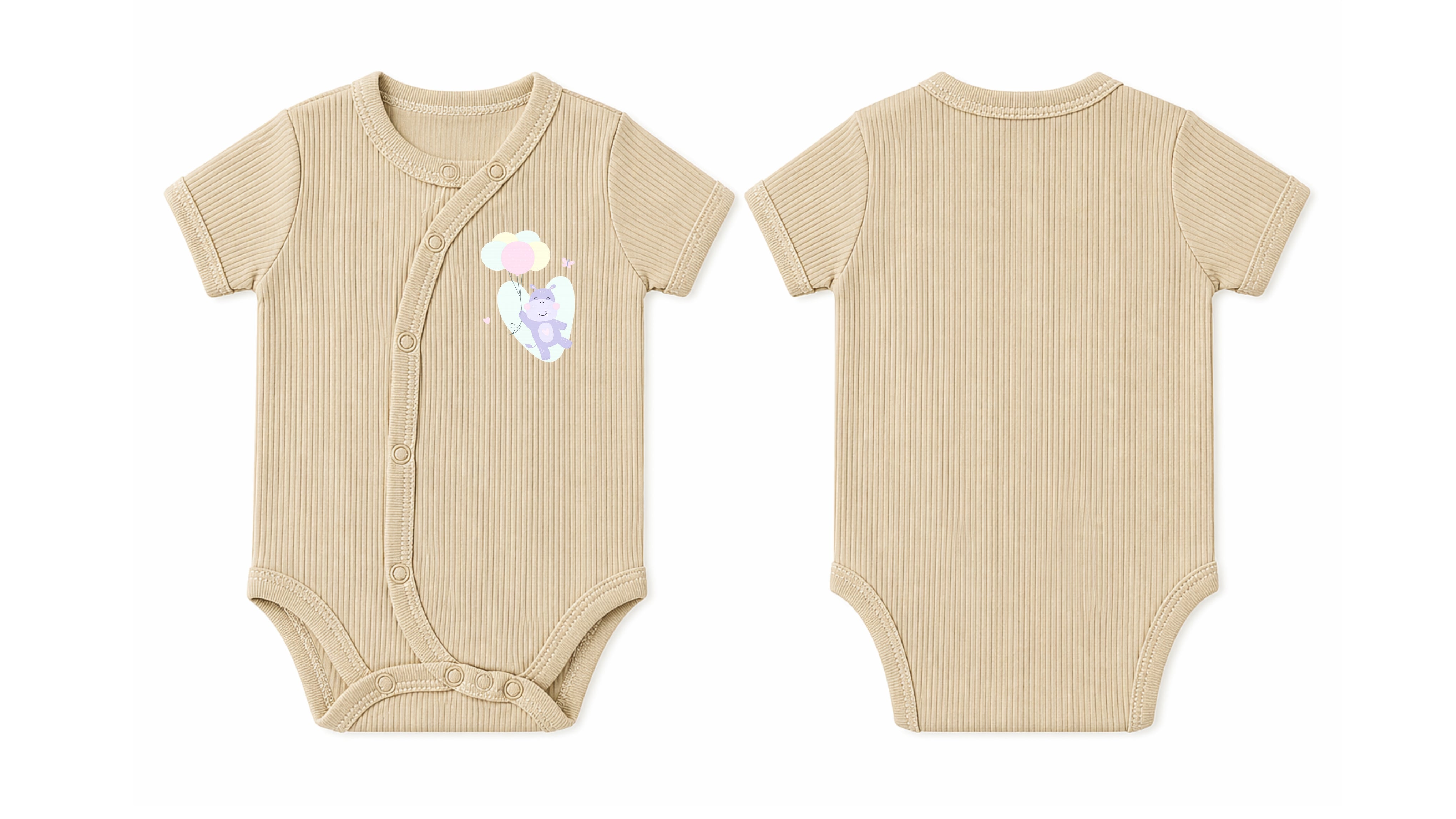 Wrap Short-Sleeve Bodysuit: Premium Cotton-Blend "Hippo Balloon" Beige Daily Casual Wear