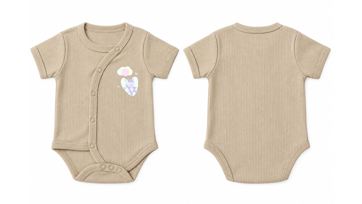 Wrap Short-Sleeve Bodysuit: Premium Cotton-Blend "Hippo Balloon" Beige Daily Casual Wear