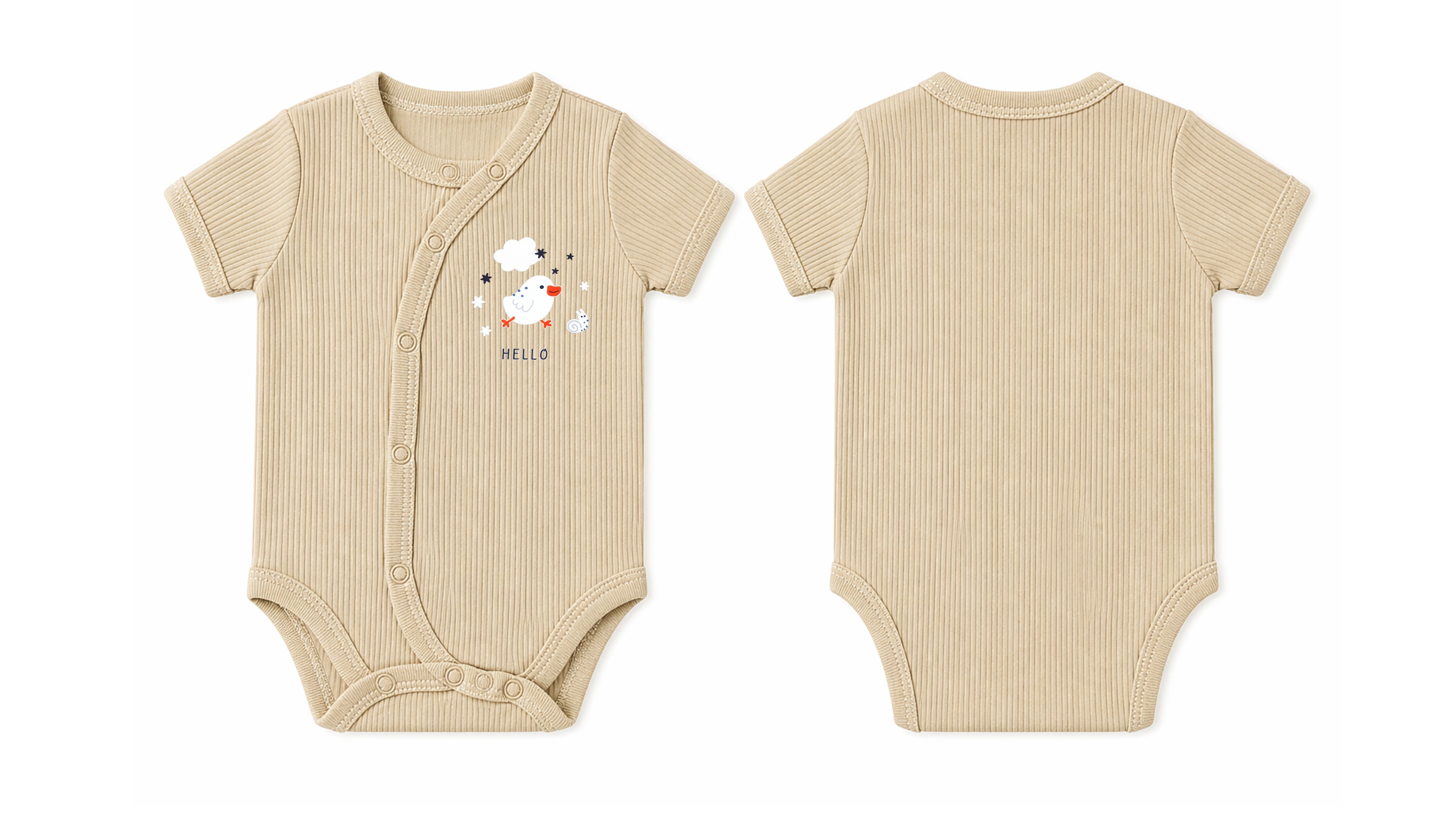Wrap Short-Sleeve Bodysuit: Premium Cotton-Blend "Hello Chick" Beige Daily Casual Wear