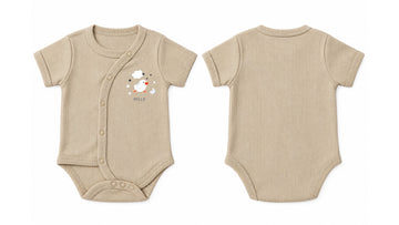 Wrap Short-Sleeve Bodysuit: Premium Cotton-Blend "Hello Chick" Beige Daily Casual Wear