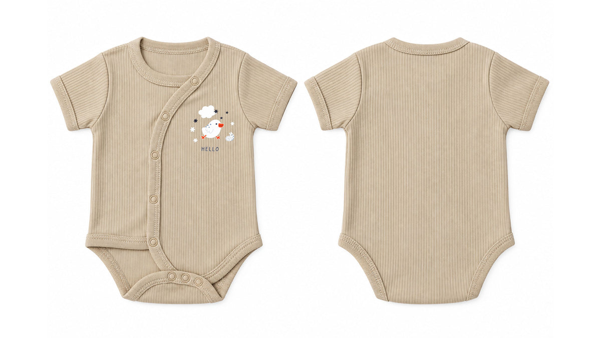 Wrap Short-Sleeve Bodysuit: Premium Cotton-Blend "Hello Chick" Beige Daily Casual Wear
