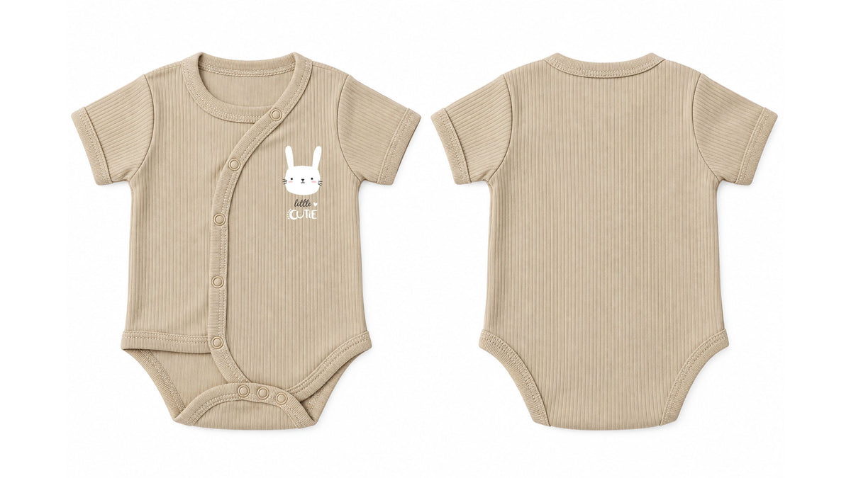 Wrap Short-Sleeve Bodysuit: Premium Cotton-Blend "Little Cute" Beige Daily Casual Wear