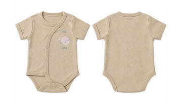 Wrap Short-Sleeve Bodysuit: Premium Cotton-Blend "Hello World" Beige Daily Casual Wear