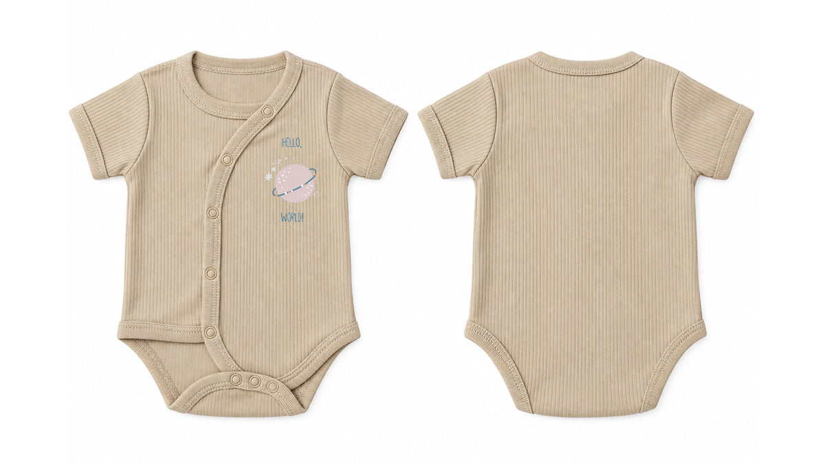 Wrap Short-Sleeve Bodysuit: Premium Cotton-Blend "Hello World" Beige Daily Casual Wear