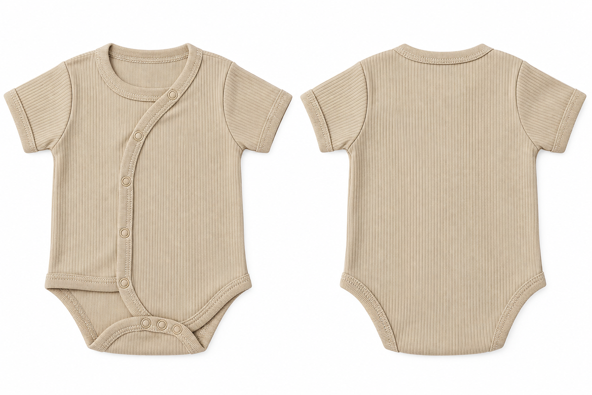 Wrap Short-Sleeve Bodysuit: Premium Cotton-Blend "Solid" Beige Daily Casual Wear