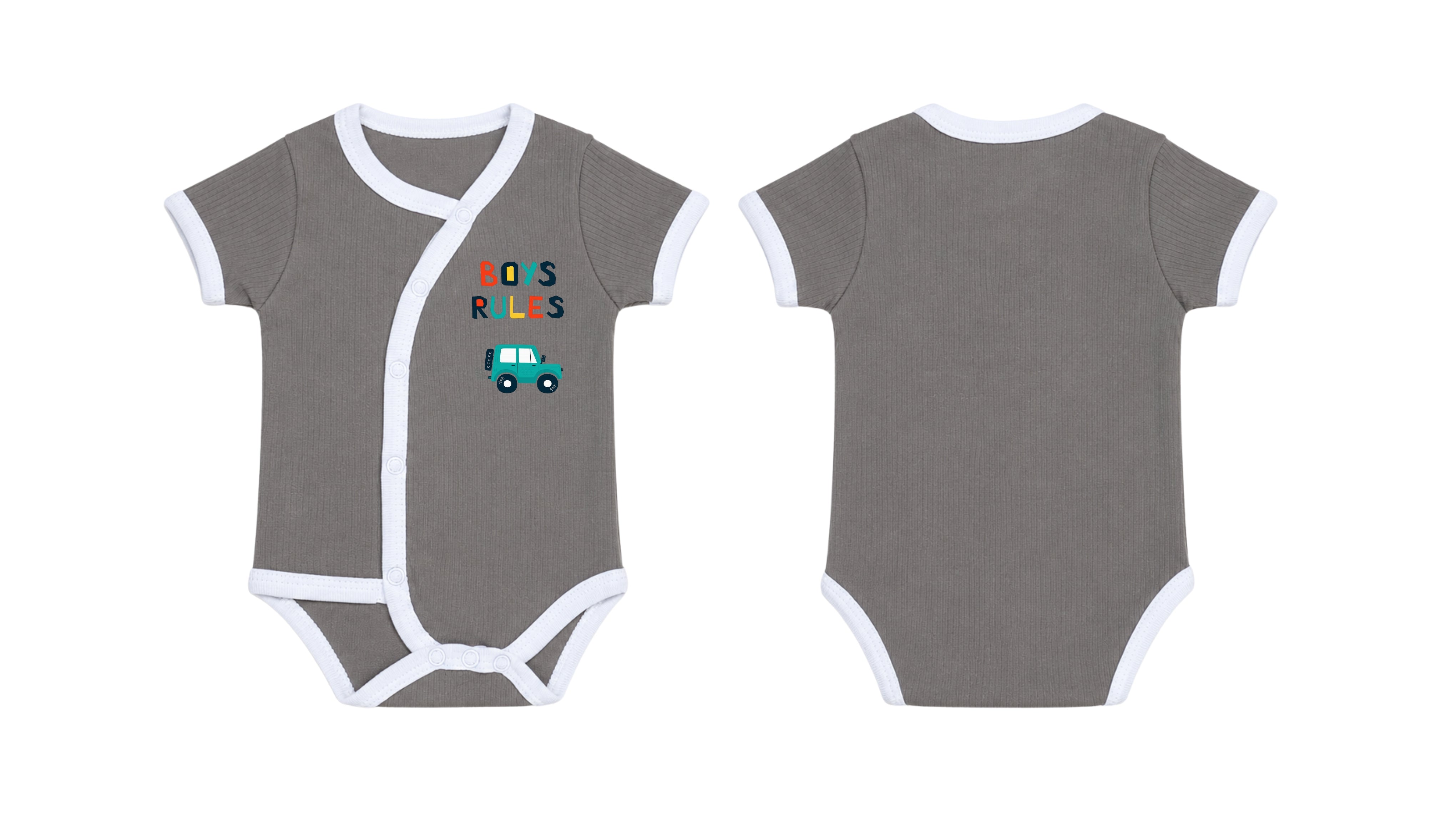 Wrap Short-Sleeve Bodysuit: Premium Cotton-Blend "Boys Rules" Grey Daily Casual Wear