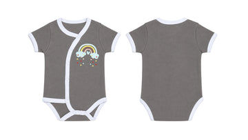 Wrap Short-Sleeve Bodysuit: Premium Cotton-Blend "Blue Rainbow" Grey Daily Casual Wear