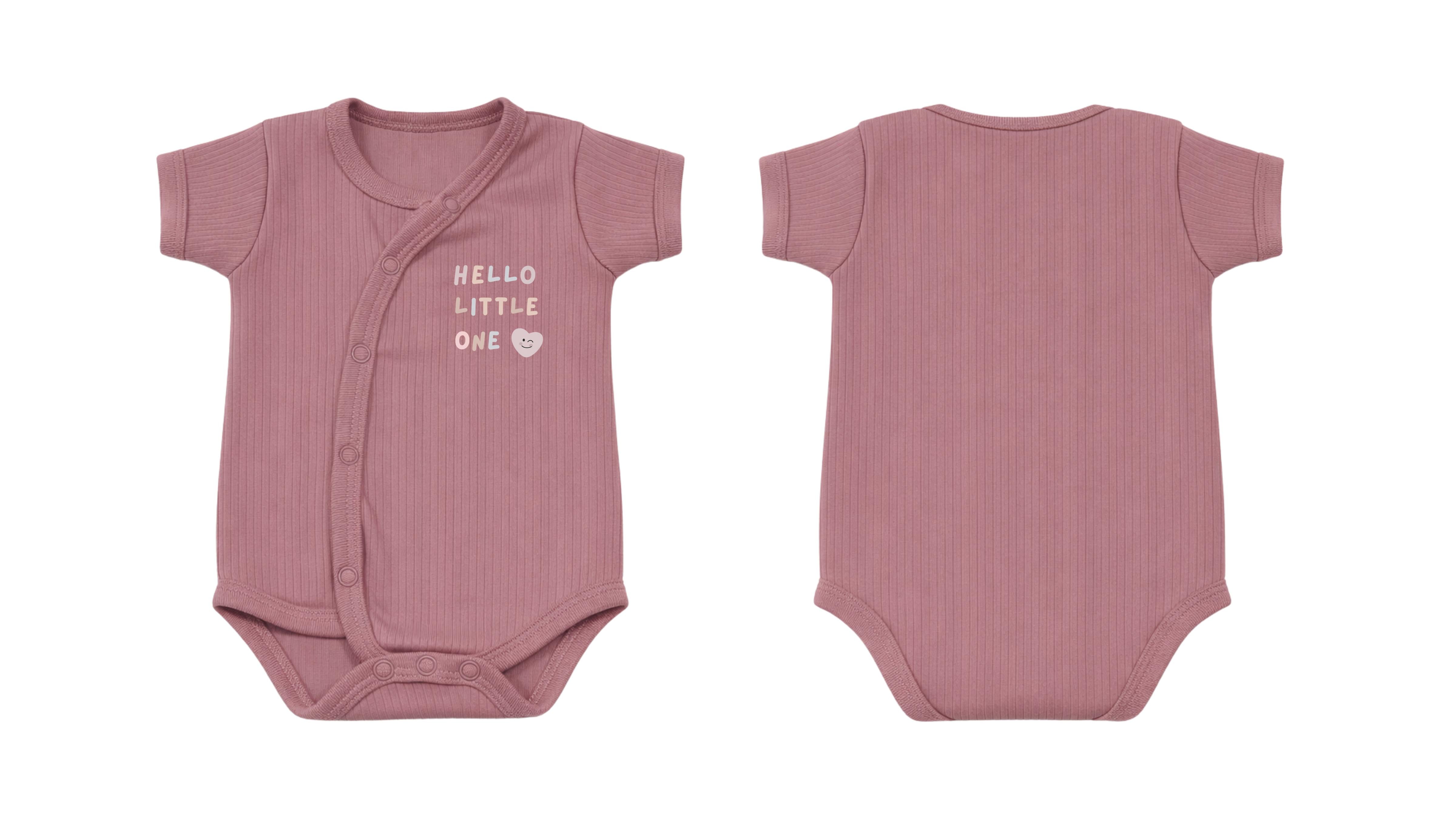 Wrap Short-Sleeve Bodysuit: Premium Cotton-Blend "Hello Little One" Mauve Daily Casual Wear