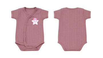 Wrap Short-Sleeve Bodysuit: Premium Cotton-Blend "Pink Star" Mauve Daily Casual Wear