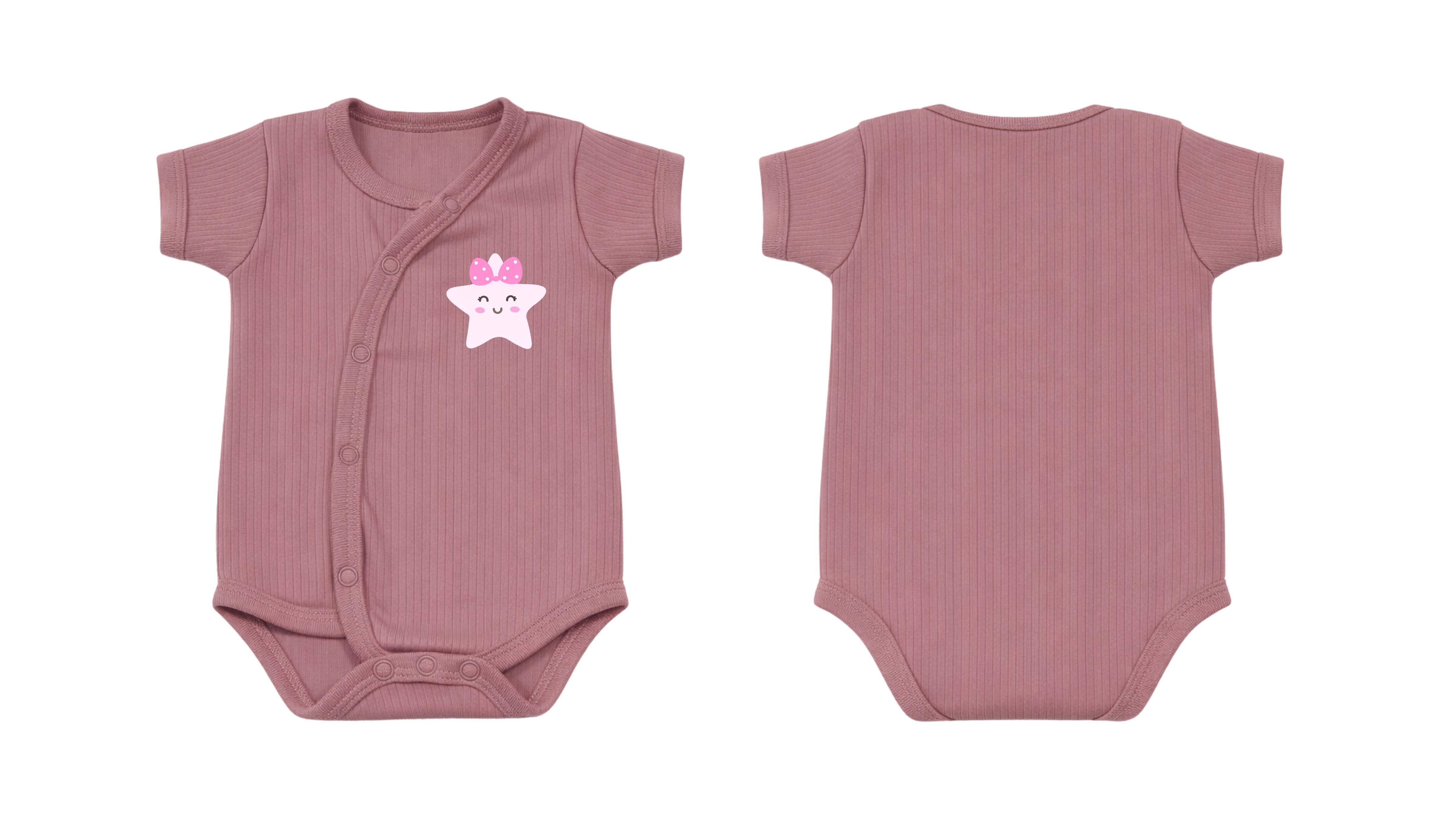 Wrap Short-Sleeve Bodysuit: Premium Cotton-Blend "Pink Star" Mauve Daily Casual Wear