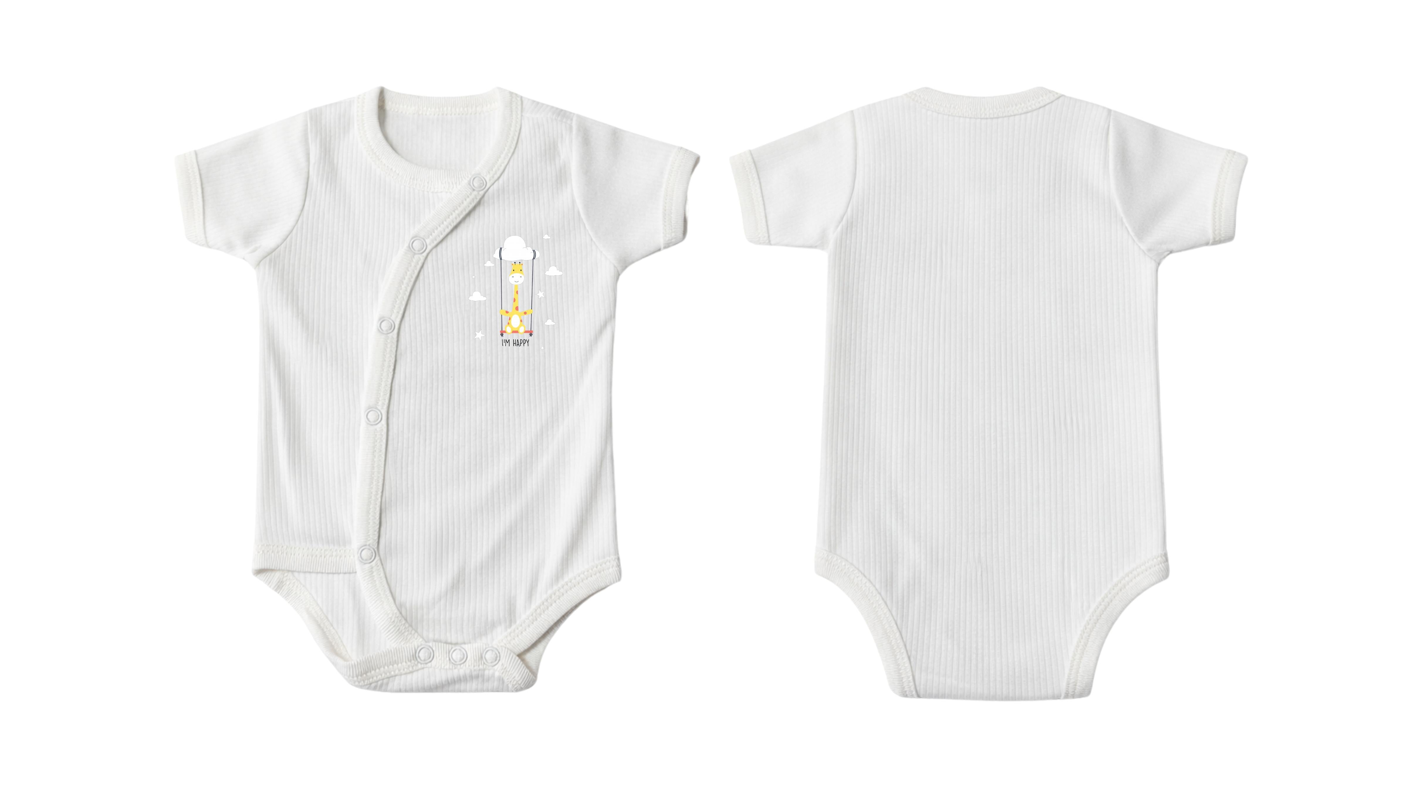 Wrap Short-Sleeve Bodysuit: Premium Cotton-Blend "I'm Happy" White Daily Casual Wear