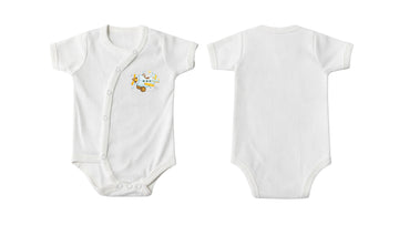 Wrap Short-Sleeve Bodysuit: Premium Cotton-Blend "Wooden Plan" White Daily Casual Wear