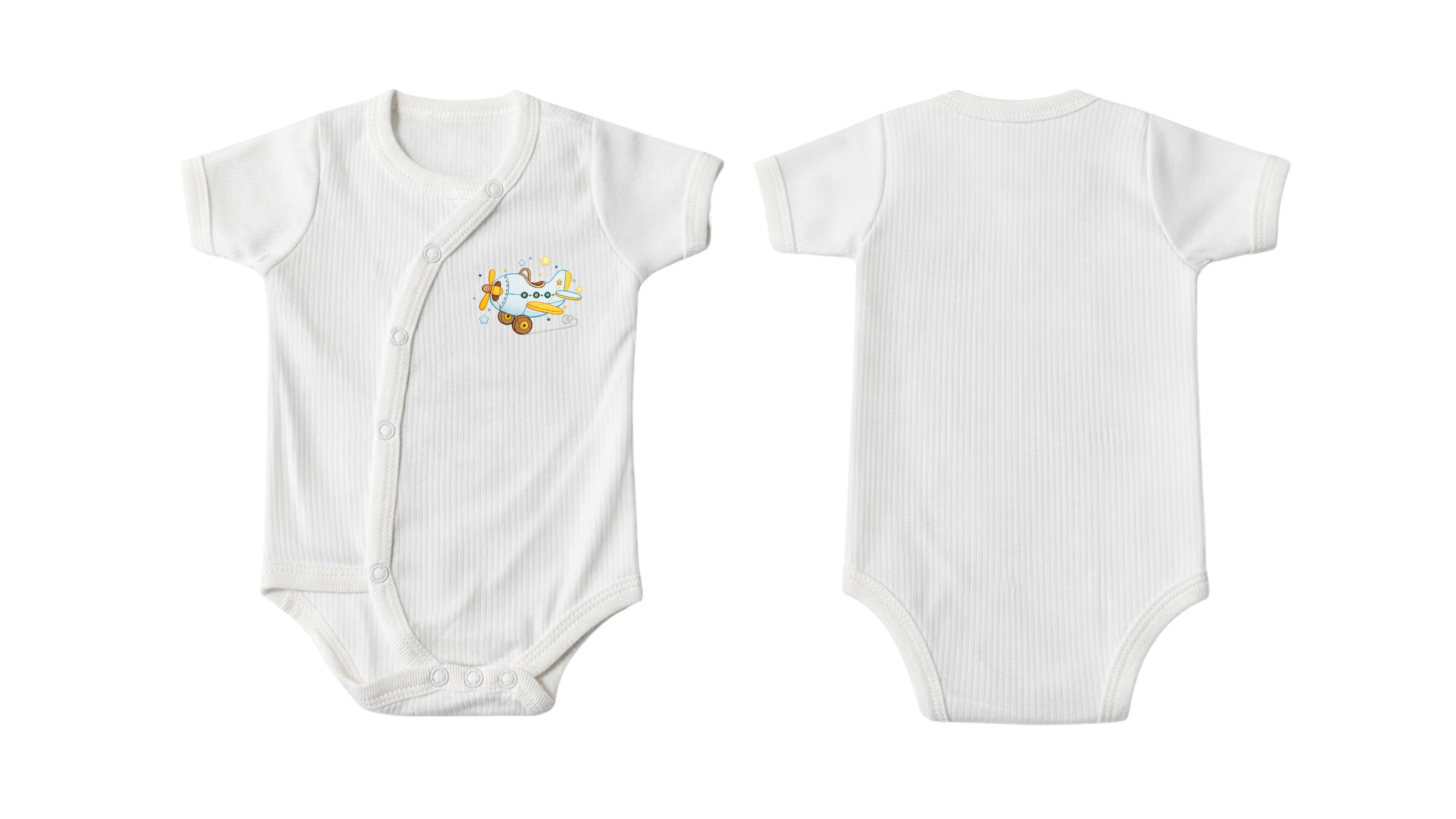 Wrap Short-Sleeve Bodysuit: Premium Cotton-Blend "Wooden Plan" White Daily Casual Wear
