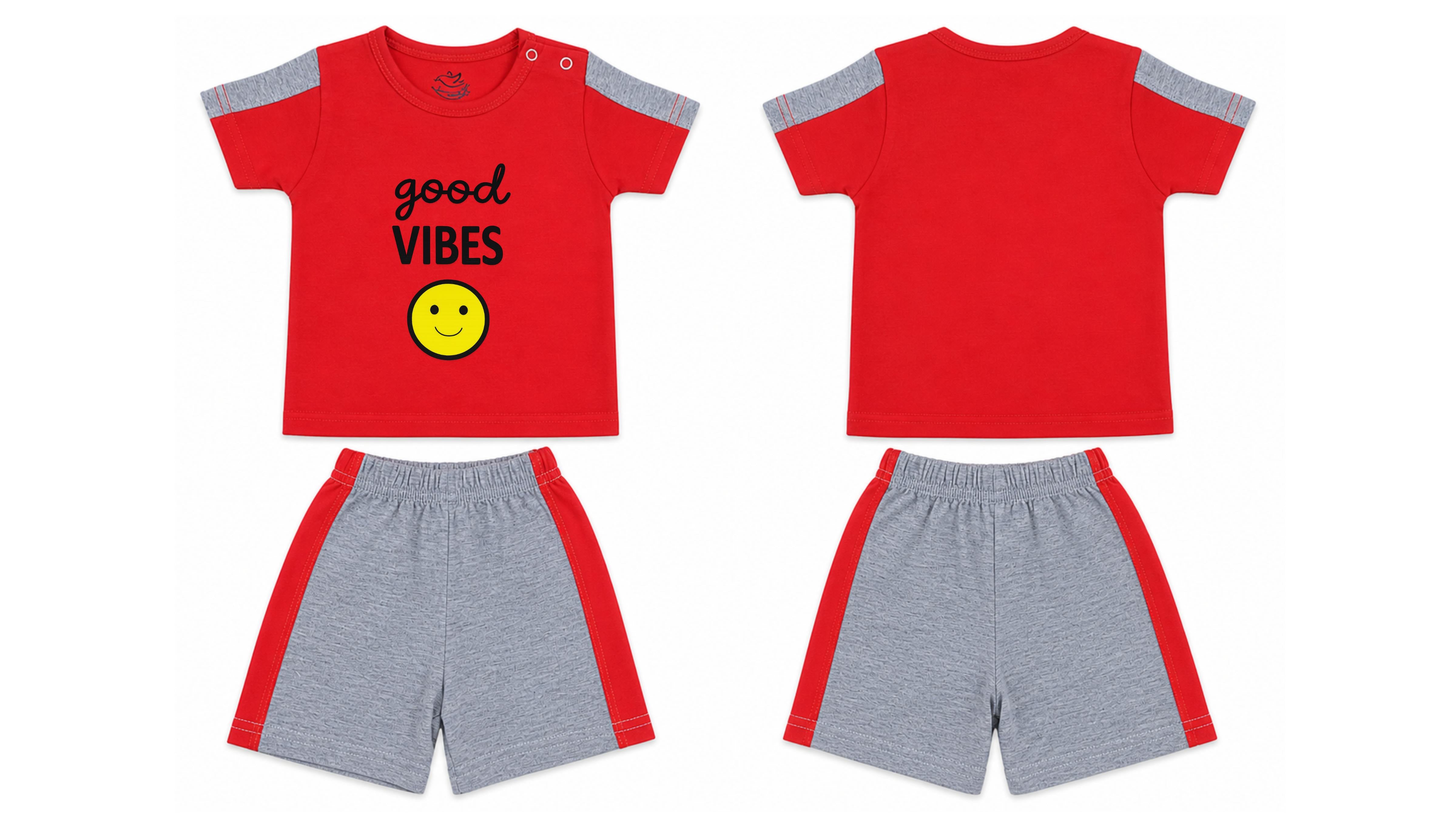 T-Shirt + Shorts Set: Premium Cotton-Blend "Good Vibes" Red and Grey Playwear