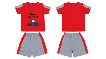 T-Shirt + Shorts Set: Premium Cotton-Blend "Tiny Explorer" Red and Grey Playwear