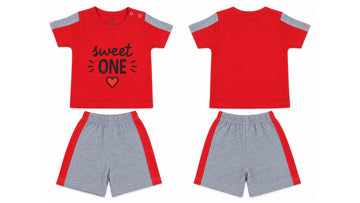 T-Shirt + Shorts Set: Premium Cotton-Blend "Sweet One" Red and Grey Playwear