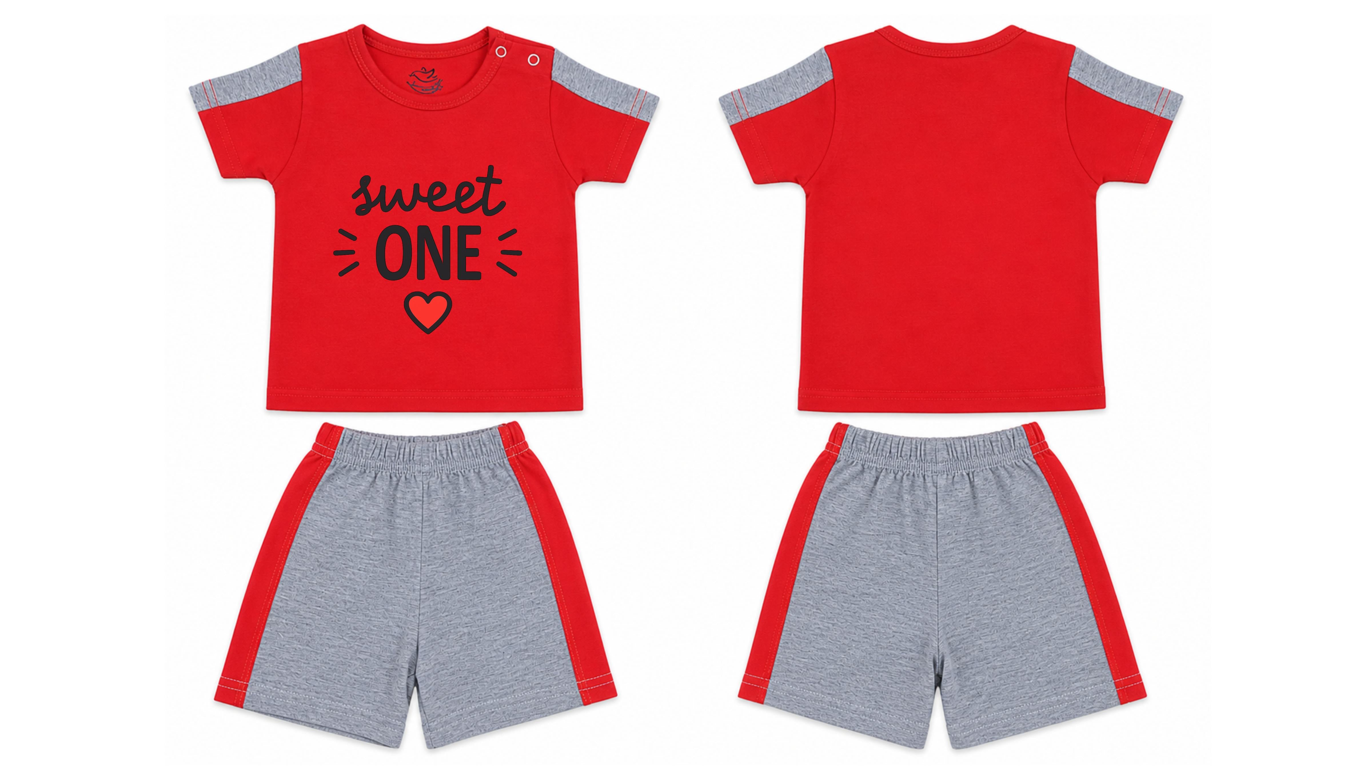 T-Shirt + Shorts Set: Premium Cotton-Blend "Sweet One" Red and Grey Playwear