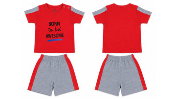 T-Shirt + Shorts Set: Premium Cotton-Blend "Born to be Awesome" Red and Grey Playwear
