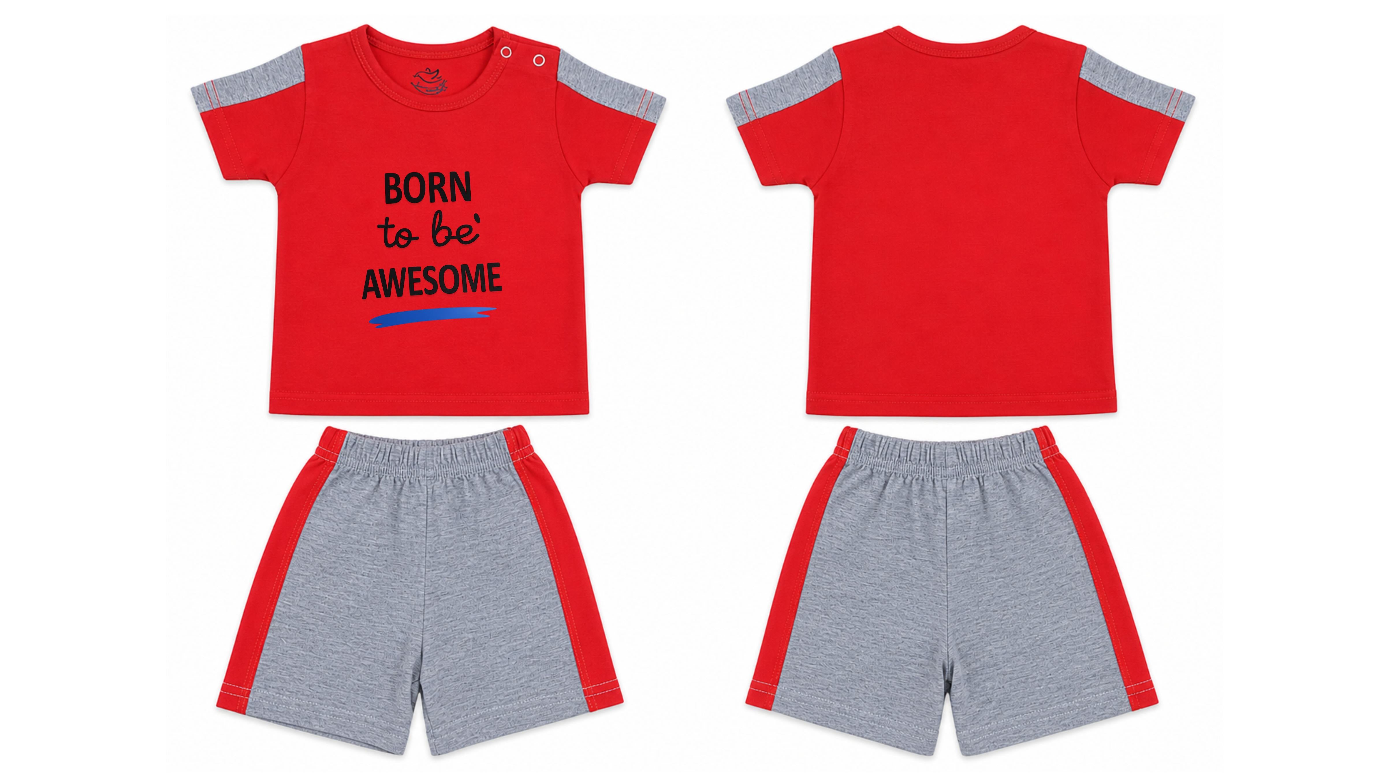 T-Shirt + Shorts Set: Premium Cotton-Blend "Born to be Awesome" Red and Grey Playwear