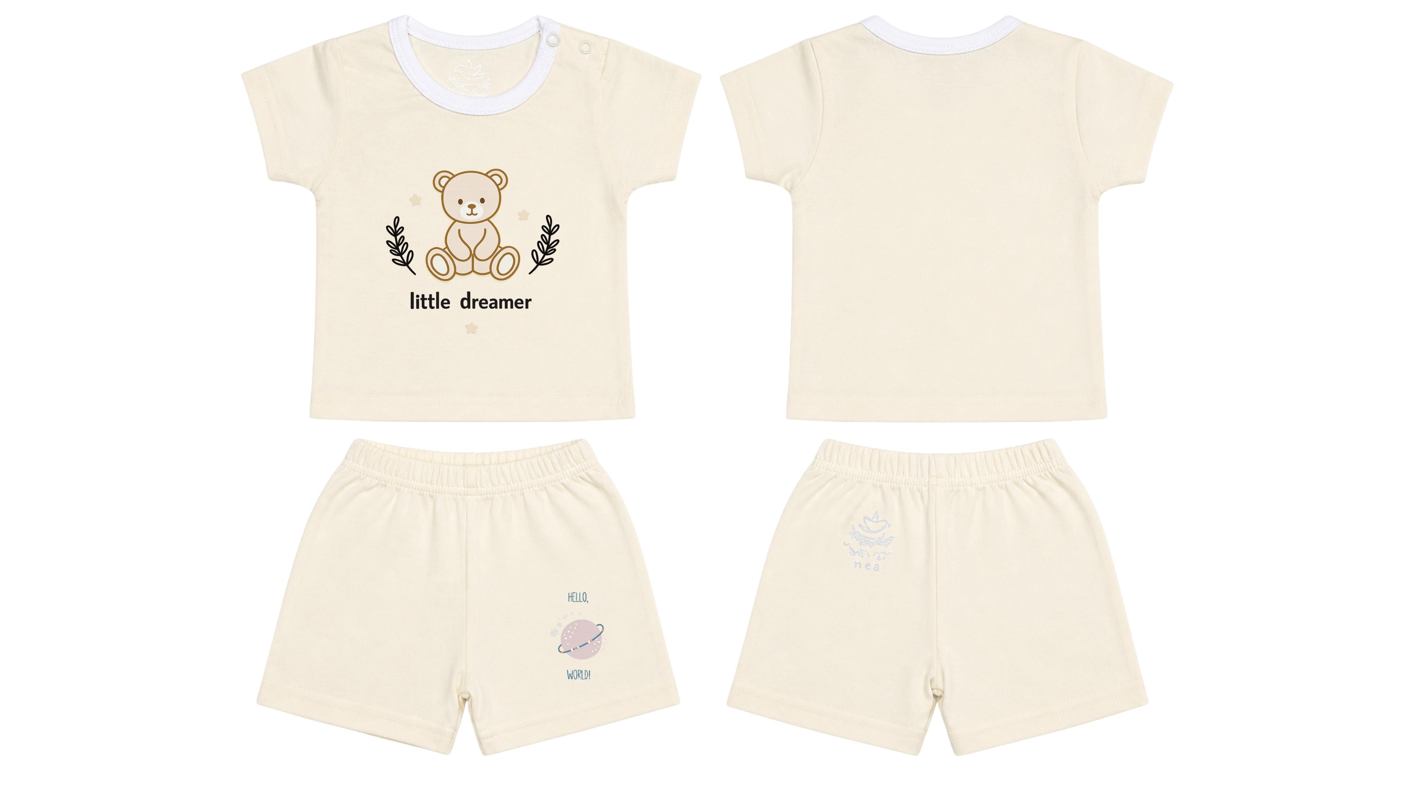 T-Shirt + Shorts Set: Premium Cotton-Blend "Little Dreamer & Hello World" Off-White Daily Casual Wear