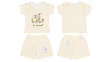 T-Shirt + Shorts Set: Premium Cotton-Blend "Tiny And Loved & Love Forever" Off-White Daily Casual Wear