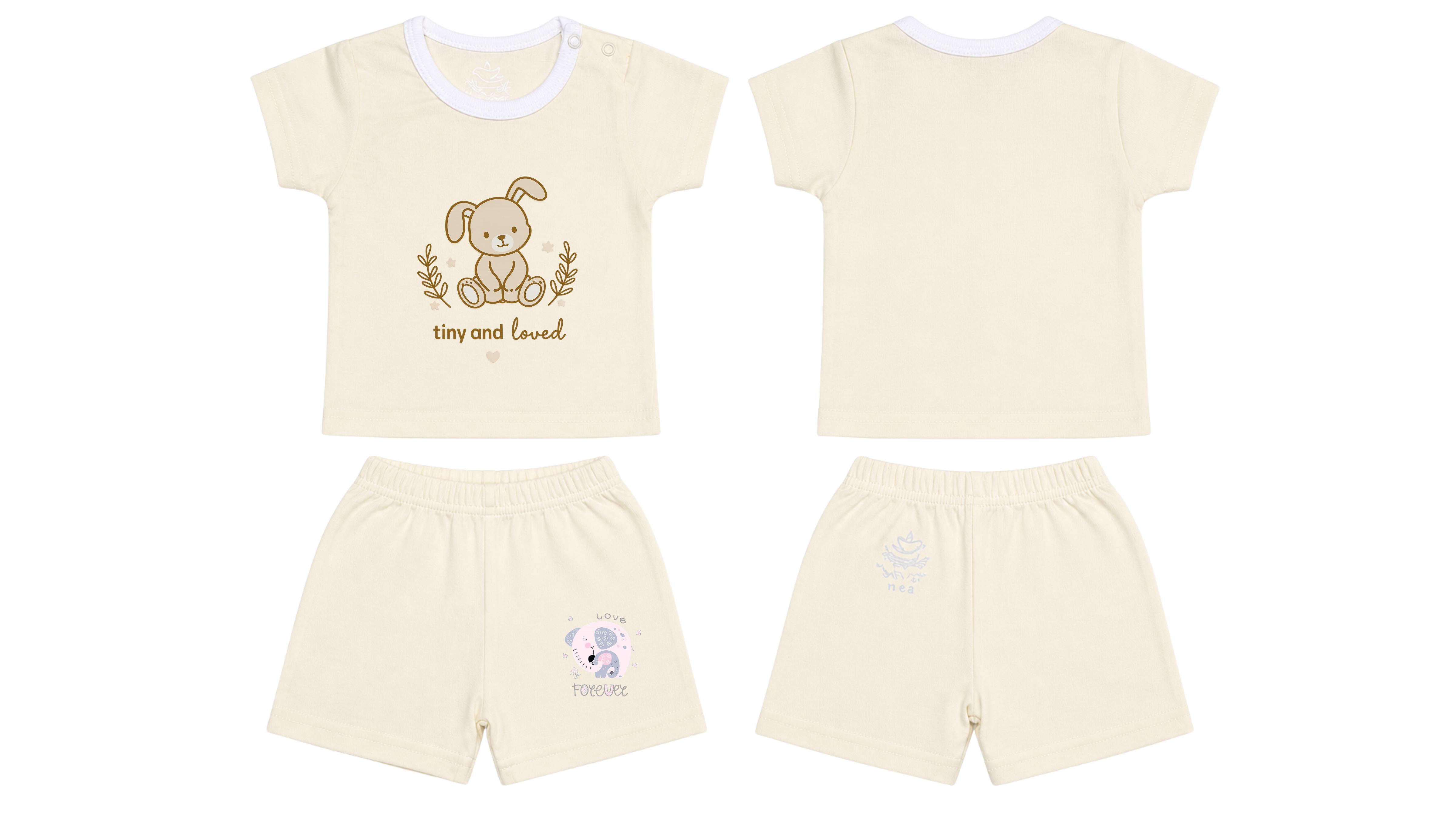 T-Shirt + Shorts Set: Premium Cotton-Blend "Tiny And Loved & Love Forever" Off-White Daily Casual Wear