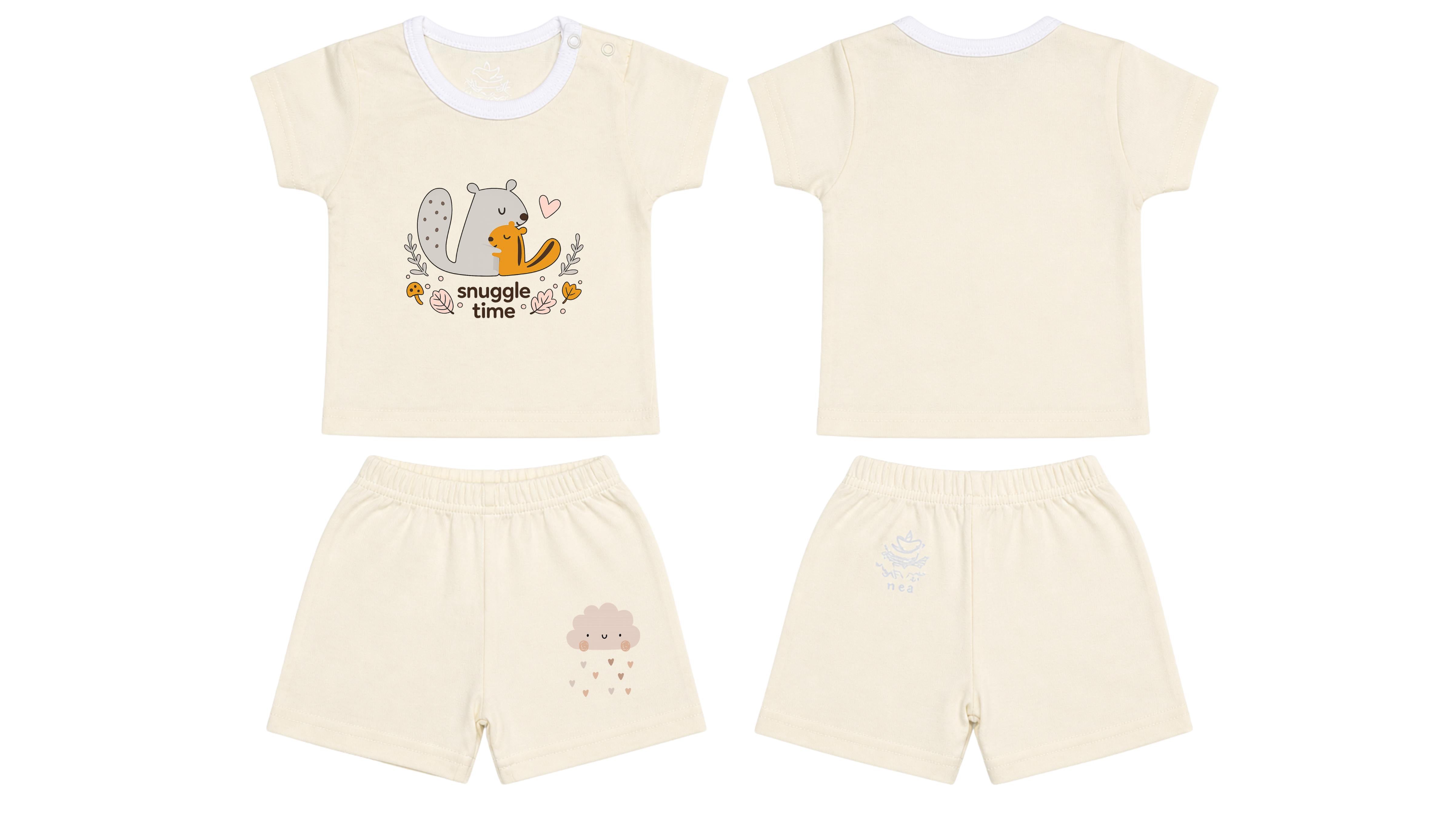 T-Shirt + Shorts Set: Premium Cotton-Blend "Snuggle Time & Cloud Hearts" Off-White Daily Casual Wear