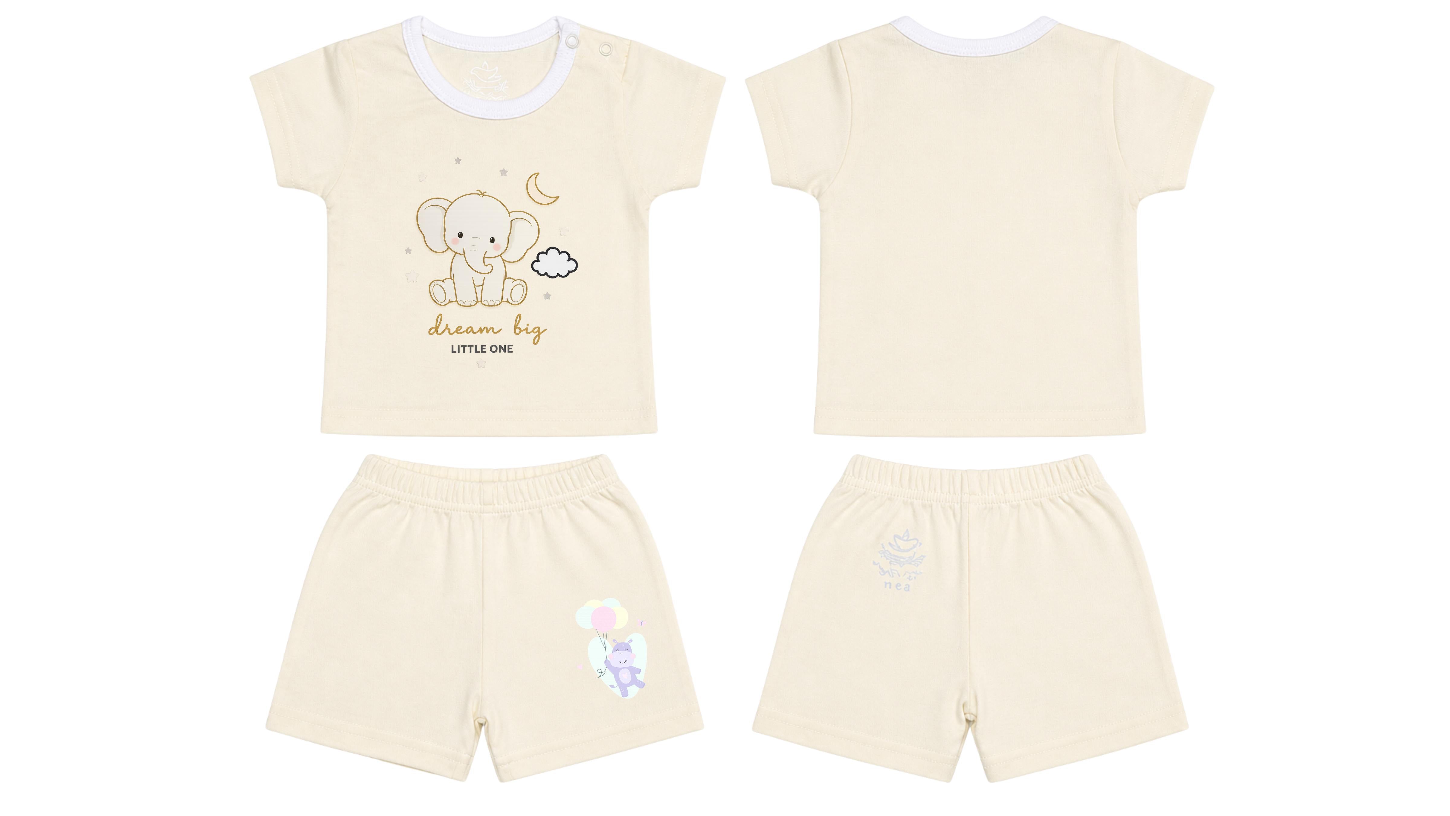 T-Shirt + Shorts Set: Premium Cotton-Blend "Dream Big Little One & Hippo Balloon" Off-White Daily Casual Wear