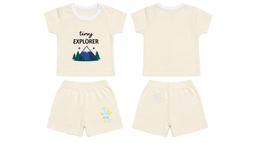T-Shirt + Shorts Set: Premium Cotton-Blend "Tiny Explorer & Little Dino" Off-White Daily Casual Wear