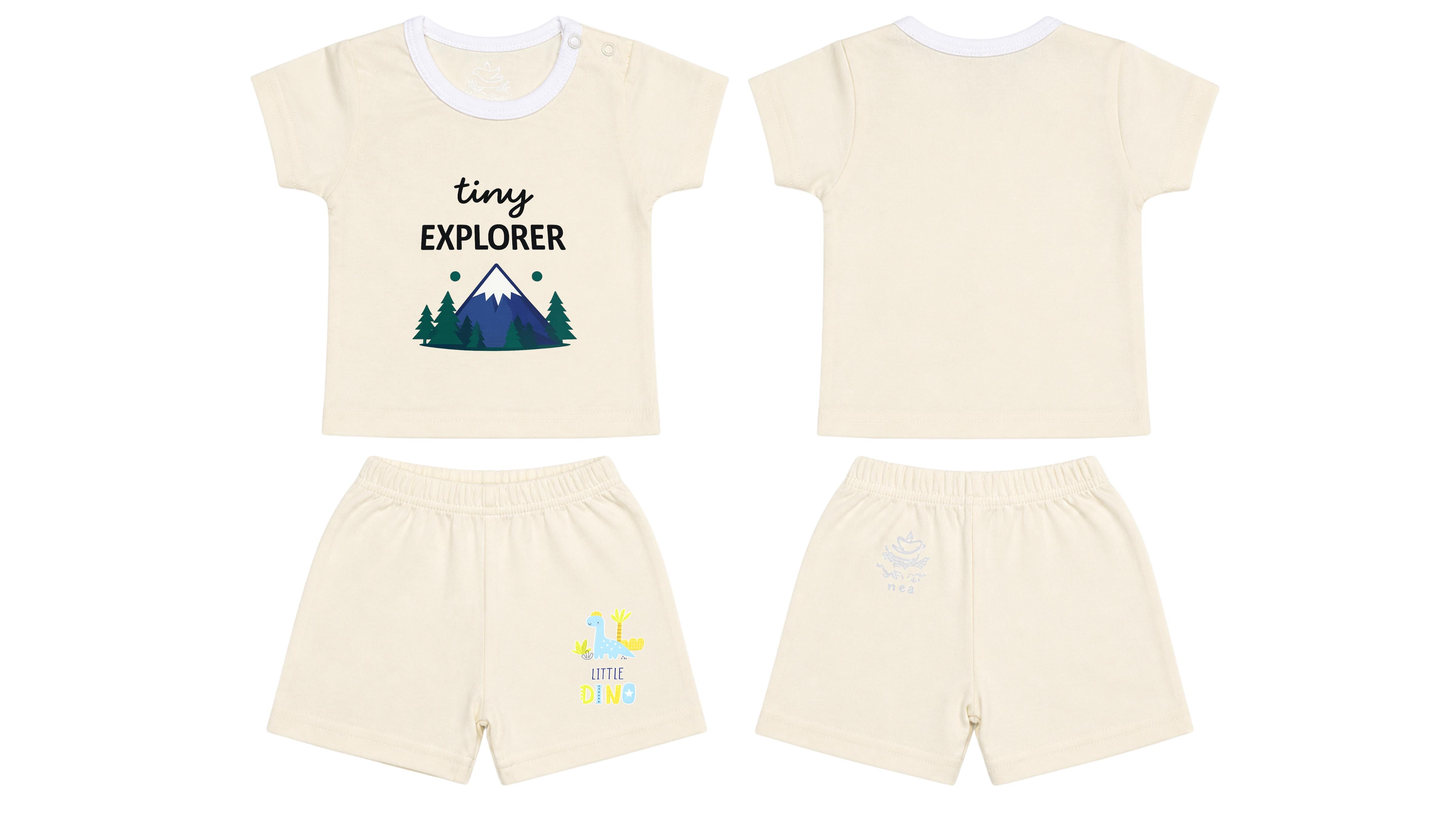 T-Shirt + Shorts Set: Premium Cotton-Blend "Tiny Explorer & Little Dino" Off-White Daily Casual Wear